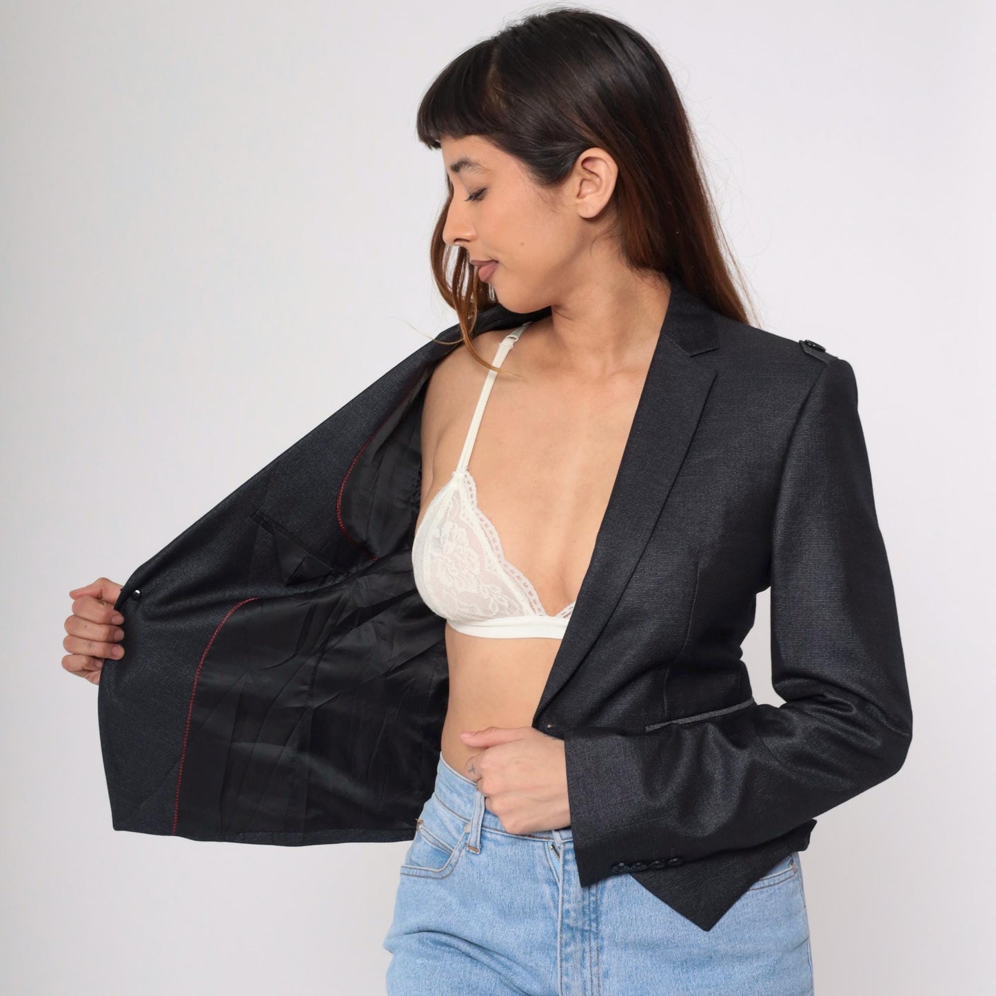 Y2K Black Fitted Blazer Military Epaulette Deep V Neck Button Up Extra Small