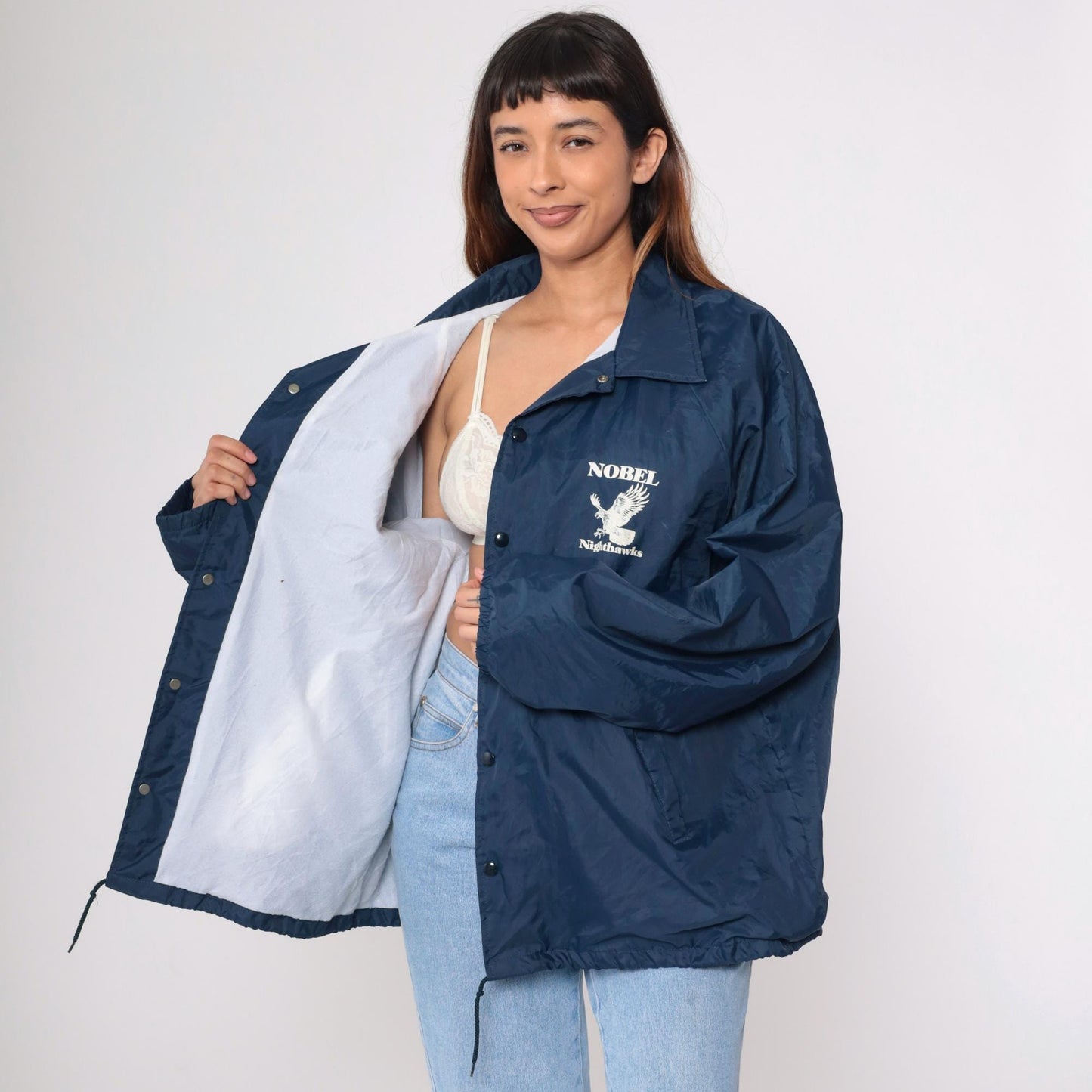 90s Nobel Nighthawks Navy Windbreaker Jacket Snap Front Nylon XXL