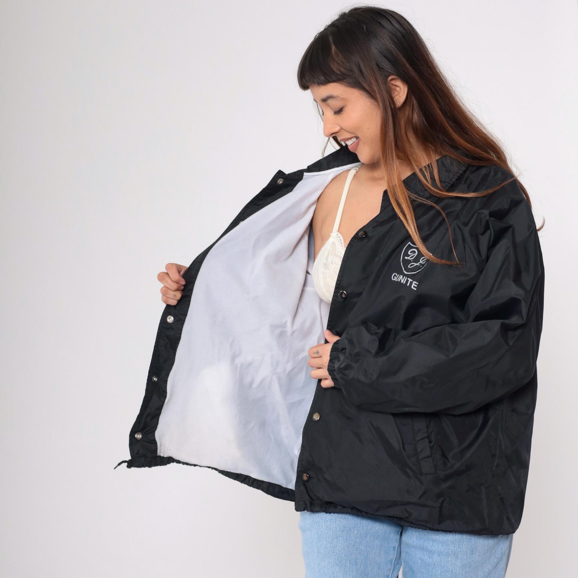 90s DJ Gunite Trucking Black Nylon Coaches Jacket Huntington Beach Extra Large XL
