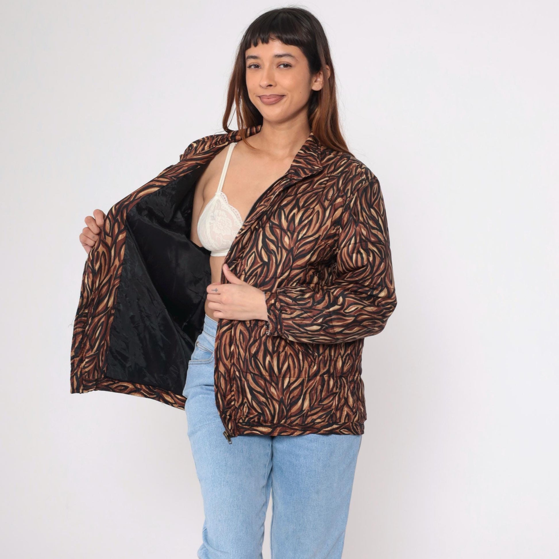 90s Clio Silk Puffer Jacket Abstract Animal Print Brown Medium