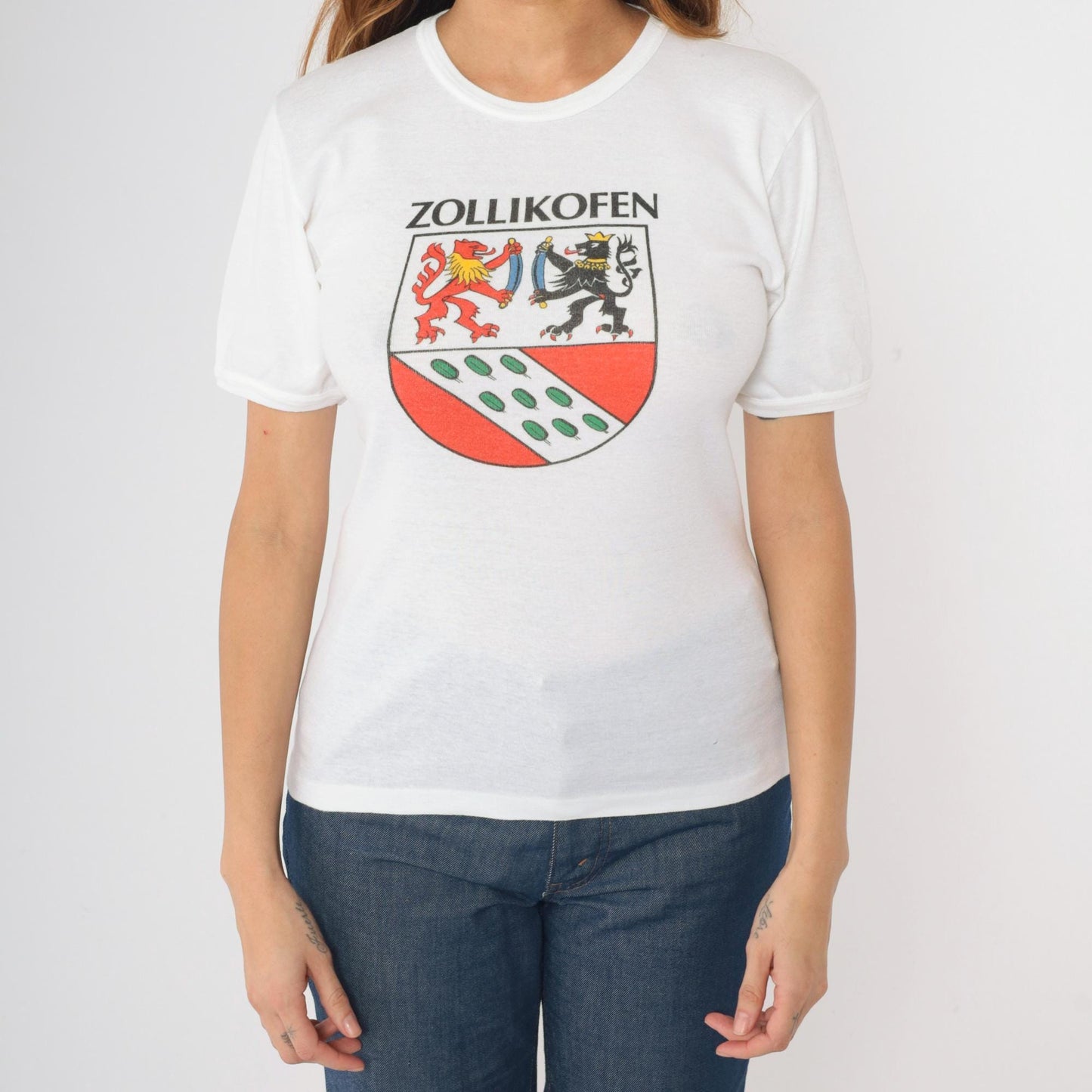 80s Zollikofen Switzerland Coat of Arms Graphic T-Shirt White Small