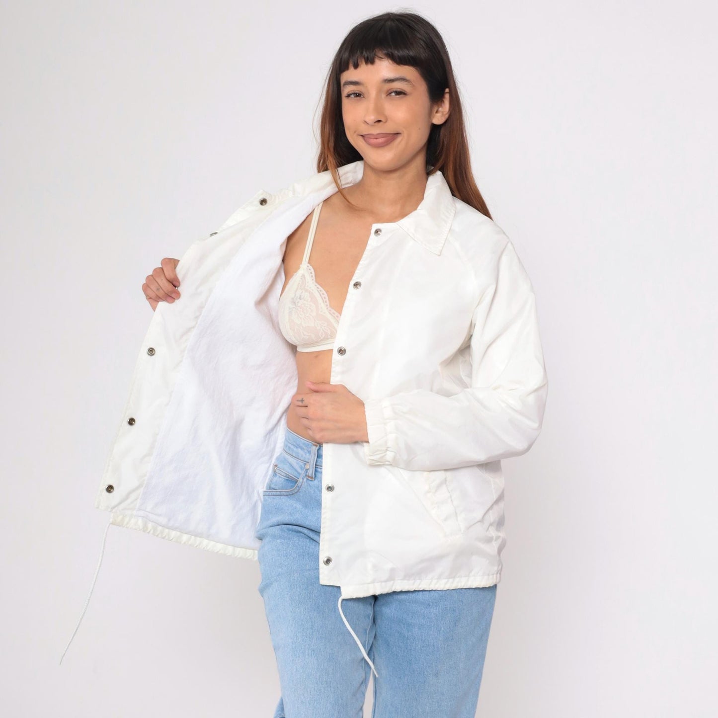 80s White Nylon Windbreaker Jacket Snap Raglan Sleeve Medium
