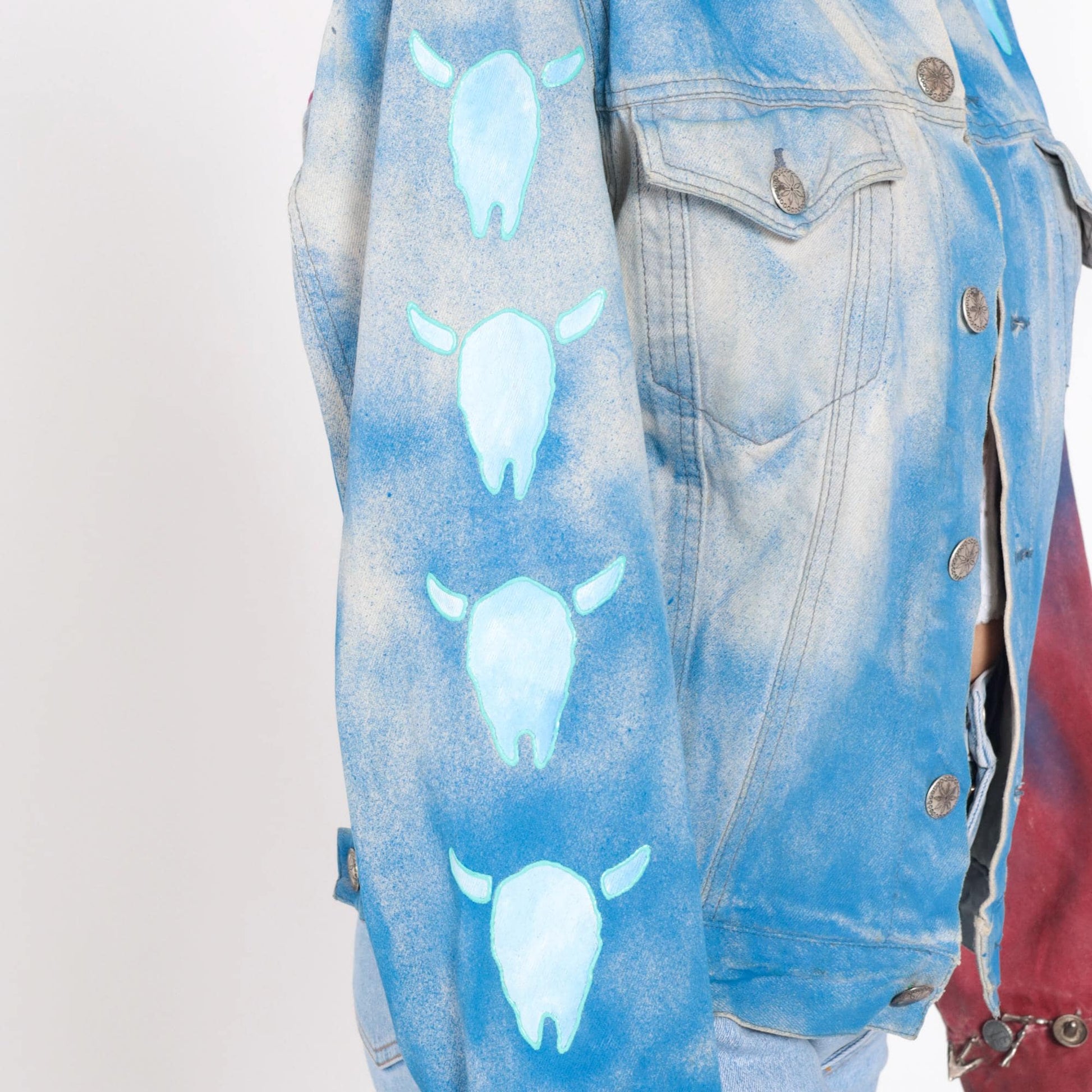 90s Airbrushed Denim Jacket Cow Skull Bison Print Western Blue Medium M