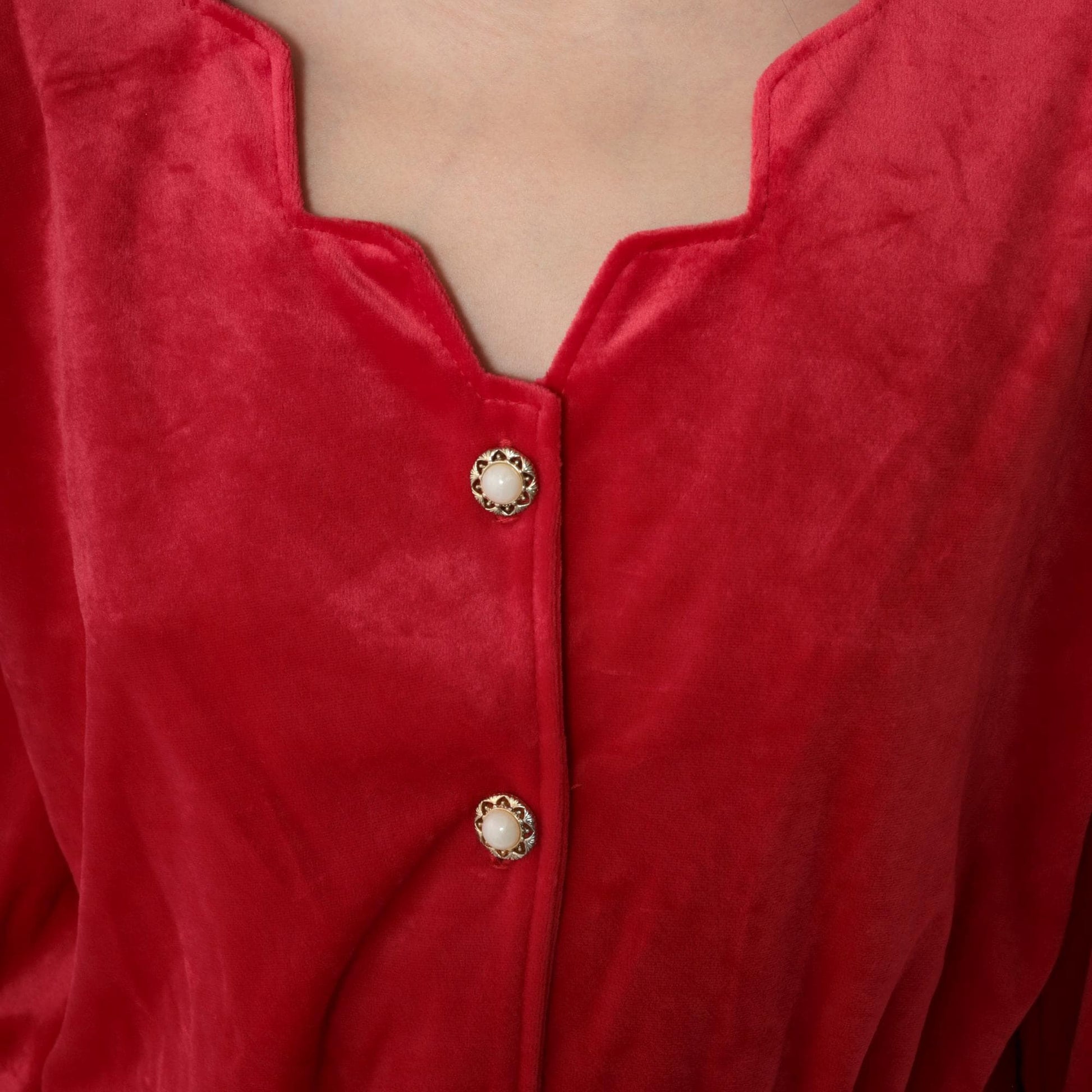 00s Red Velour Midi Dress Puff Sleeve Scallop Neck Button Up High Waist Large