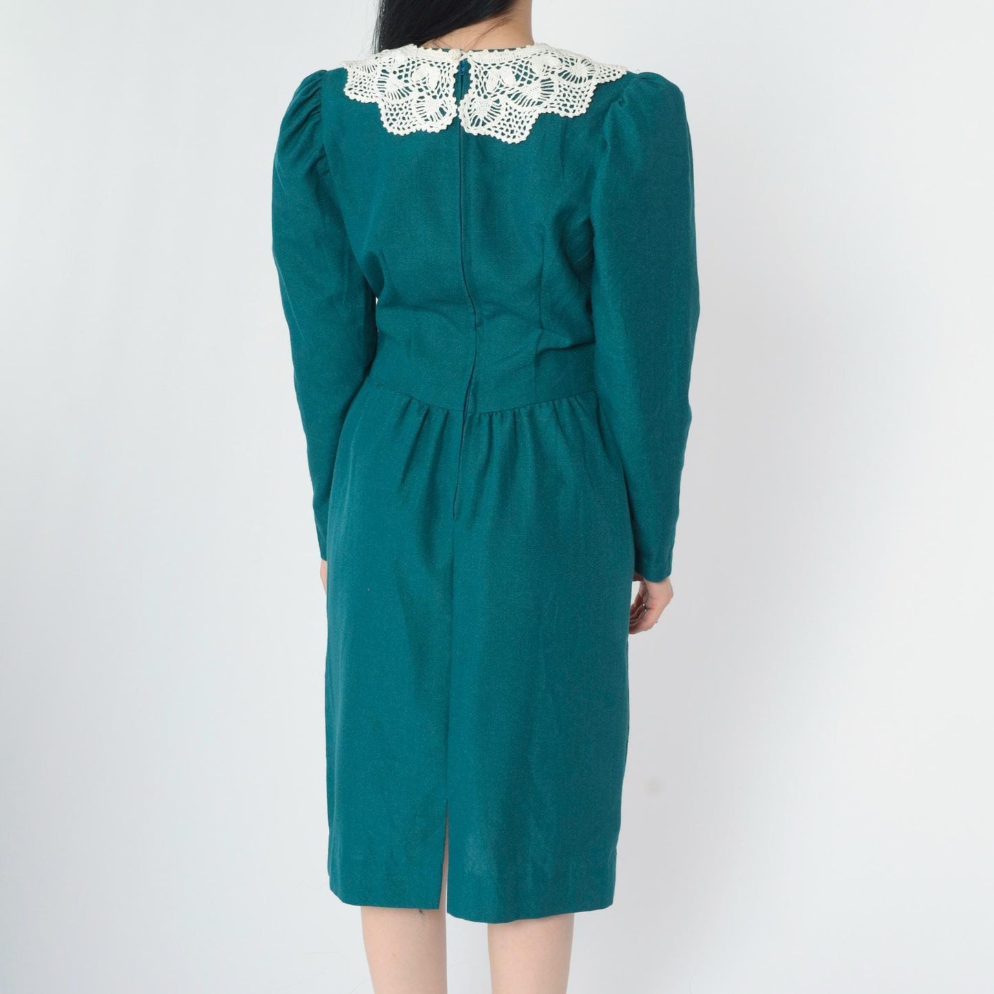 80s Teal Crochet Collar Puff Sleeve Midi Dress Pencil Skirt Small