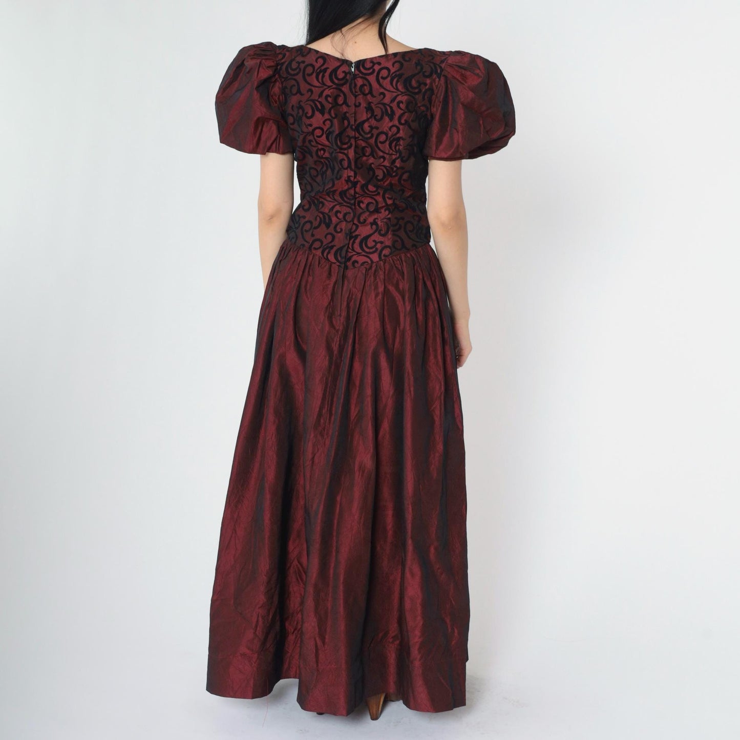 80s Burgundy Taffeta Prom Dress Puff Sleeve Basque Waist Maxi Small