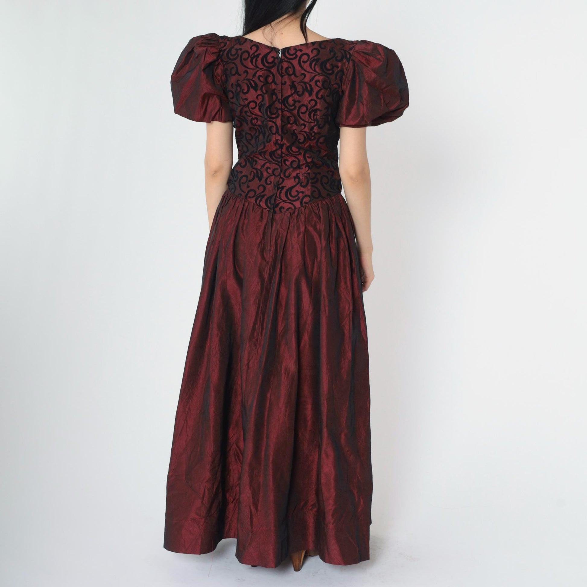 80s Burgundy Taffeta Prom Dress Puff Sleeve Basque Waist Maxi Small