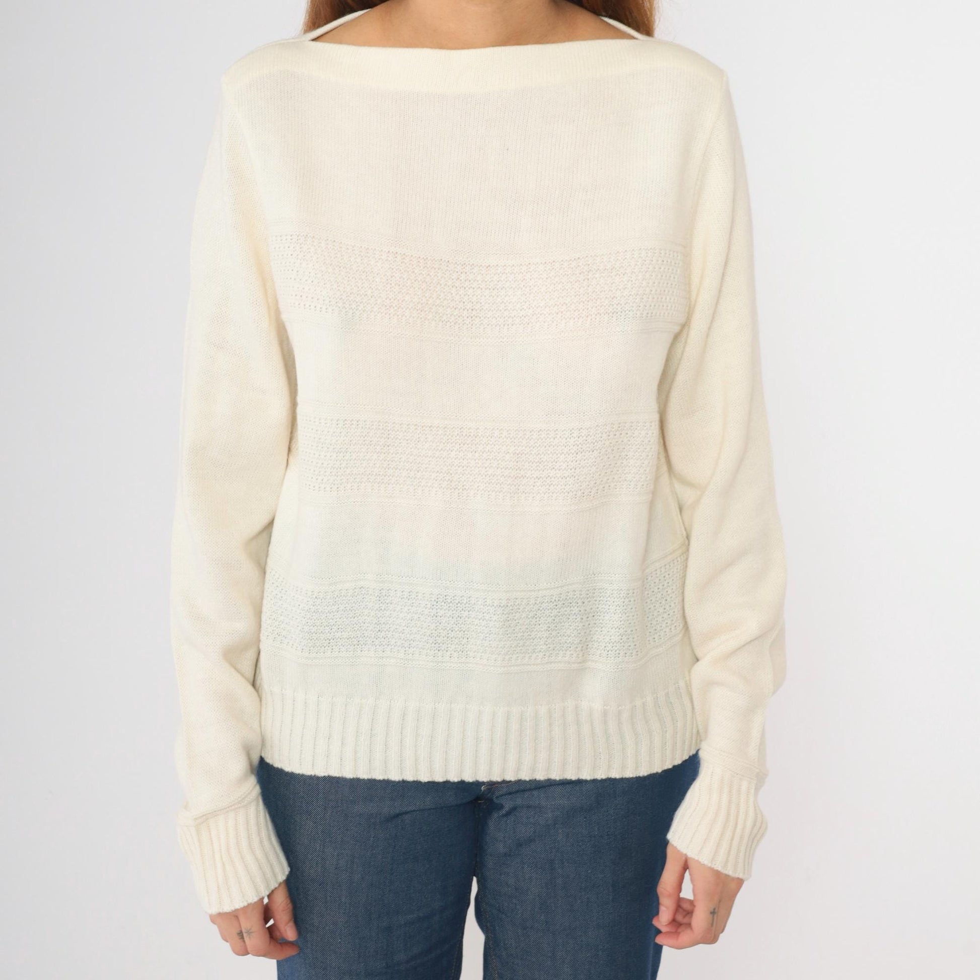 80s Izod Lacoste Boatneck Sweater Cream Knit Crocodile Logo Medium