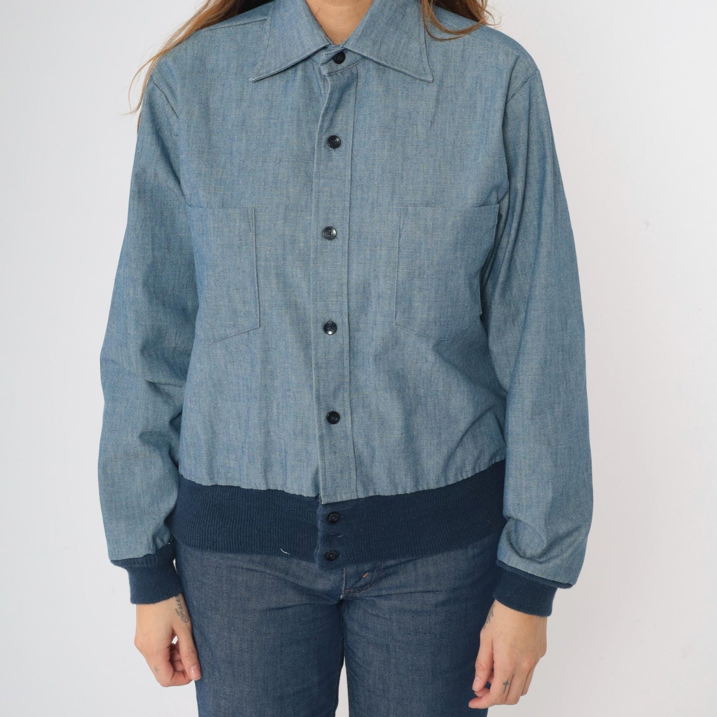 70s H.I.S Chambray Work Jacket Blue Button Up Utility Shirt Medium