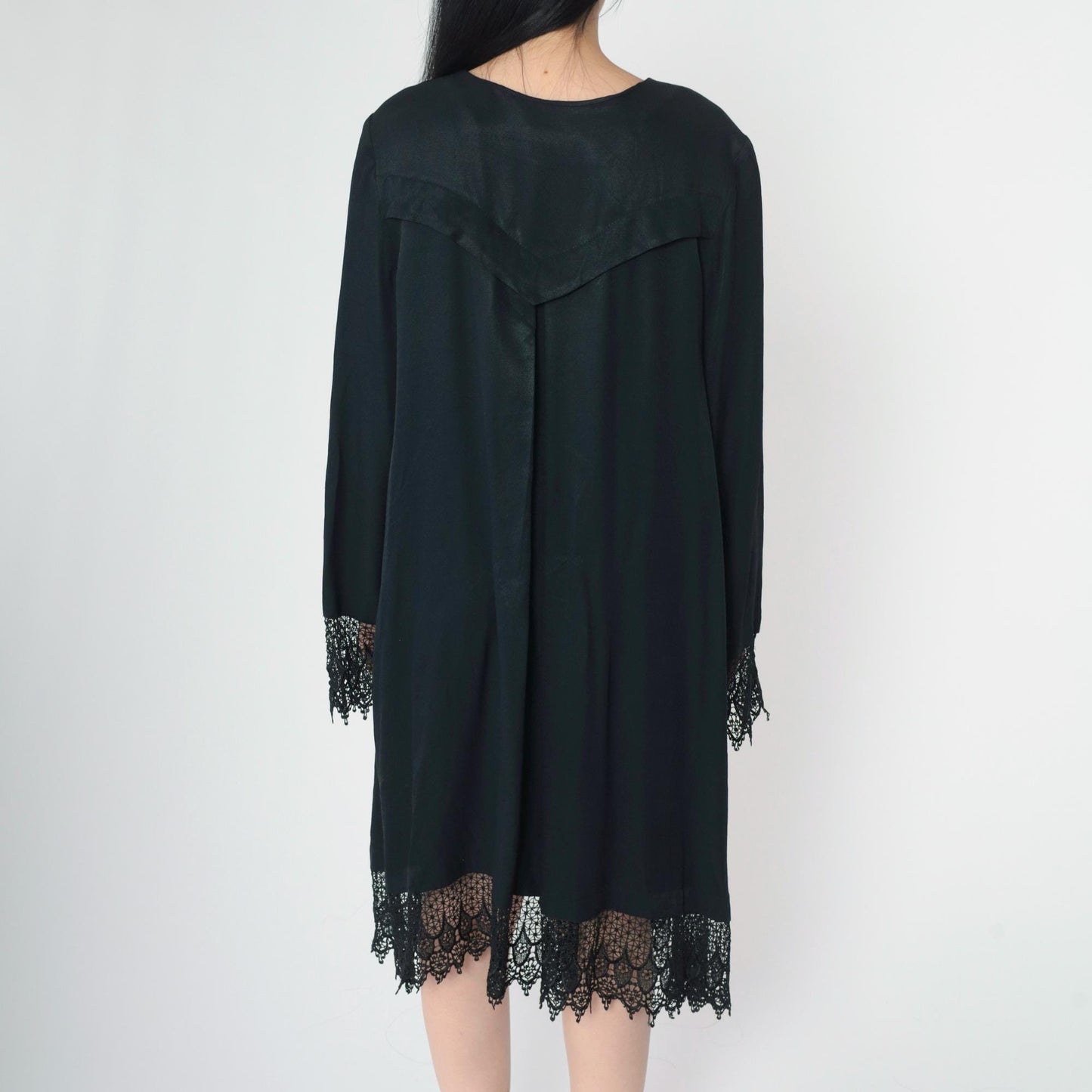 90s Black Lace Trim Button-Up Midi Dress Western Yoke Long Sleeve Extra Large XXL