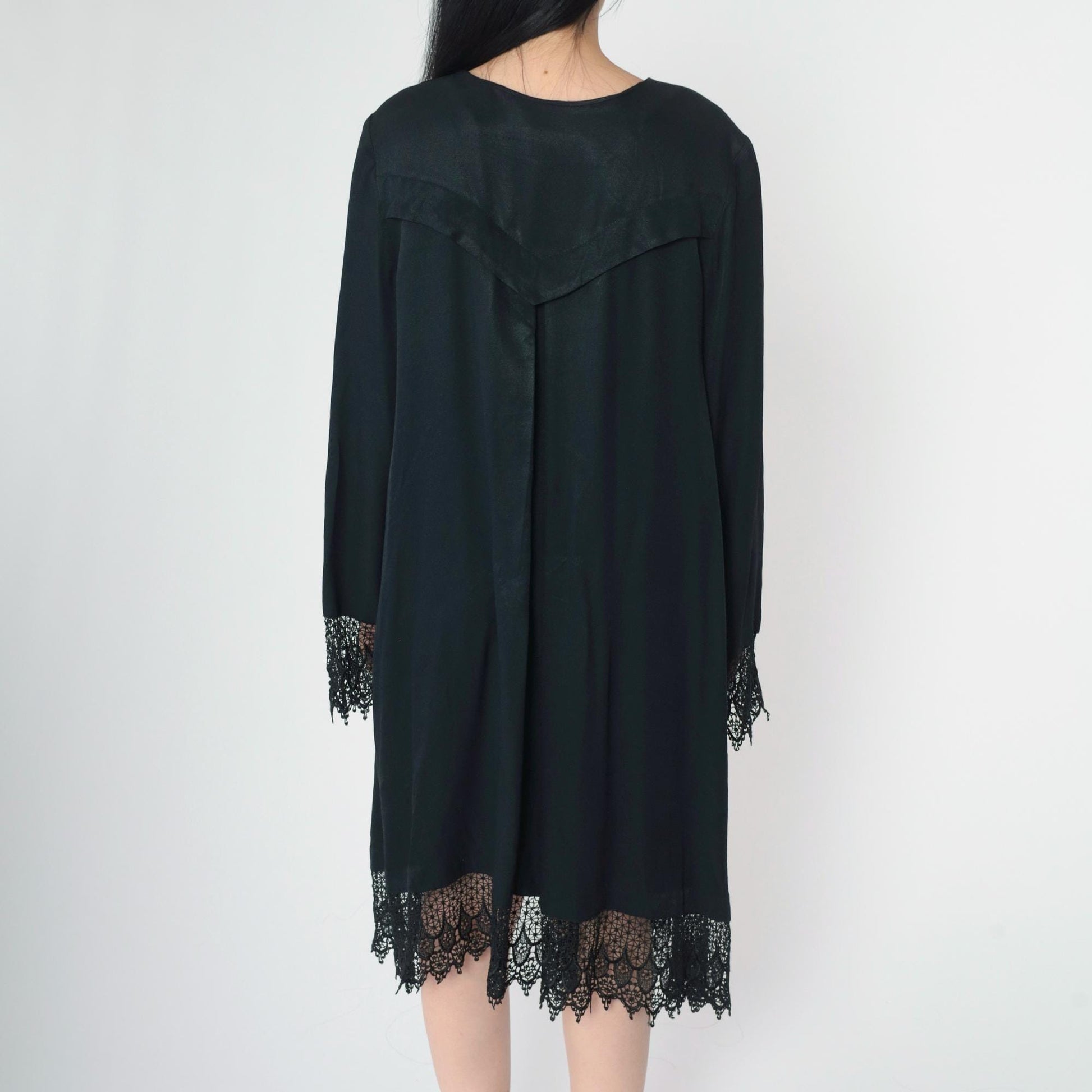 90s Black Lace Trim Button-Up Midi Dress Western Yoke Long Sleeve Extra Large XXL