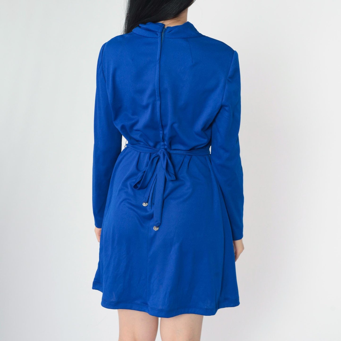 70s L'Aiglon Royal Blue Mini Shift Dress Cowl Neck Long Sleeve Medium M