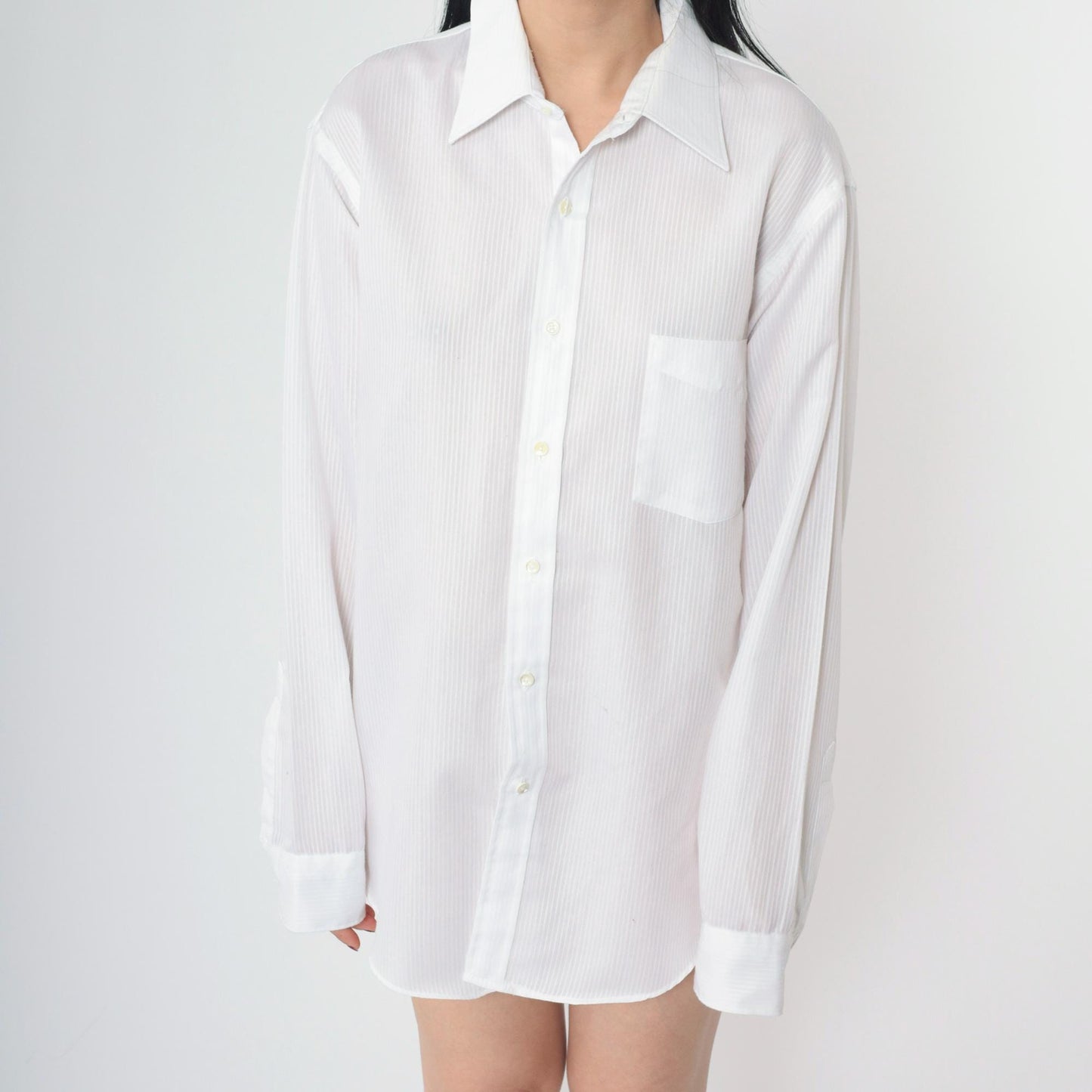 80s Luxurata White Striped Button-Up Shirt Long Sleeve Sheer Large L