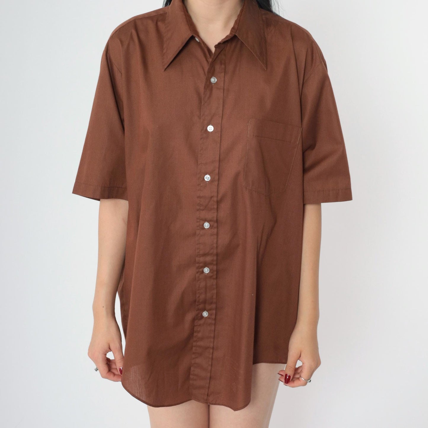 70s Brown Cotton Button-Up Shirt Short Sleeve Collared Men's Large