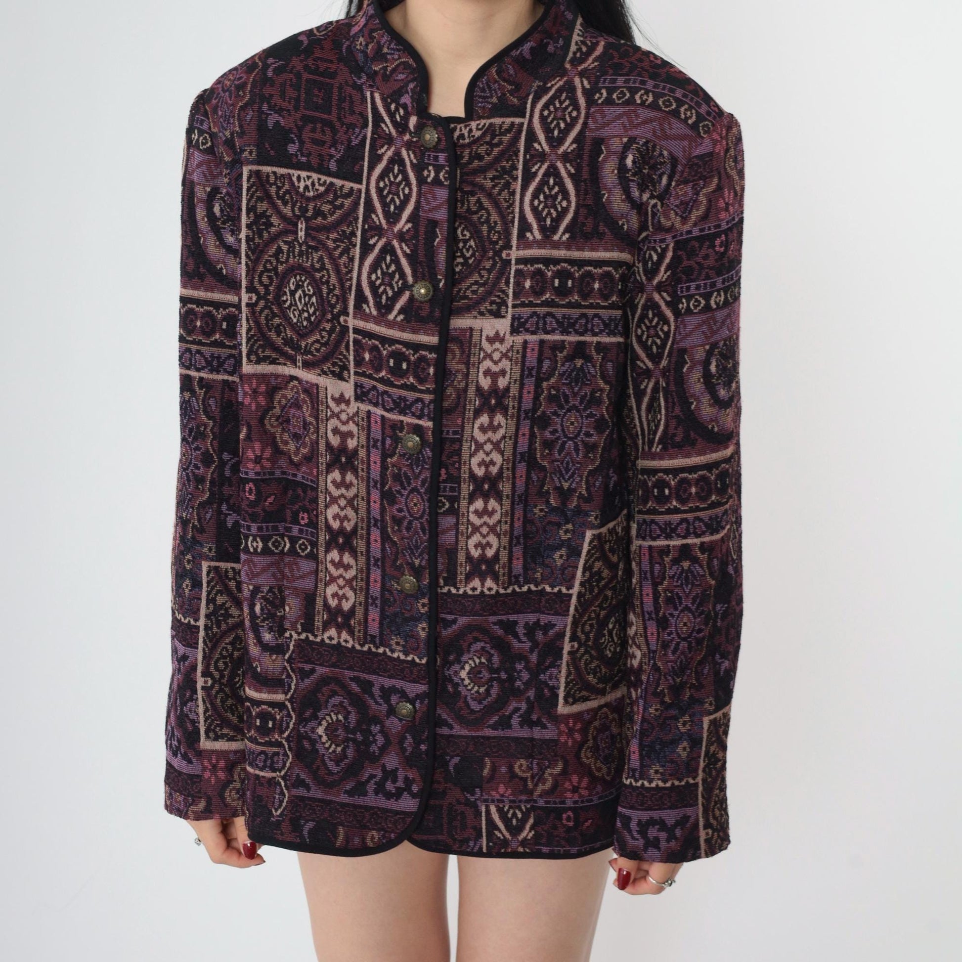 90s Tapestry Jacket Purple Patchwork Geometric Floral Mandarin Collar Medium M