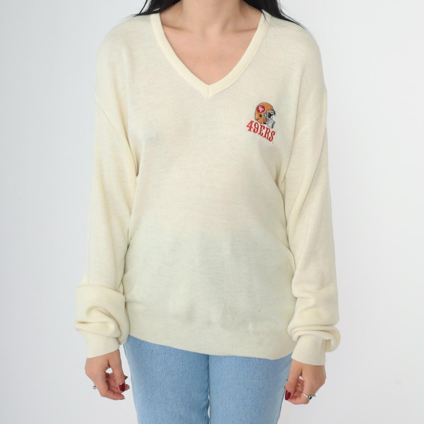 80s San Francisco 49ers Logo 7 NFL Sweater Cream V-Neck Large