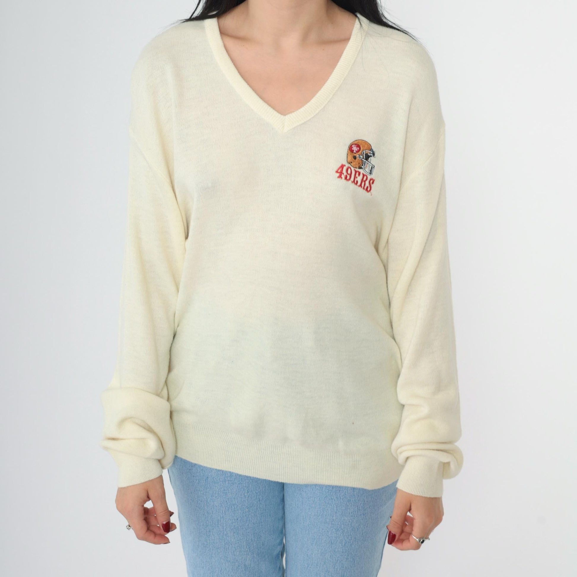 80s San Francisco 49ers Logo 7 NFL Sweater Cream V-Neck Large