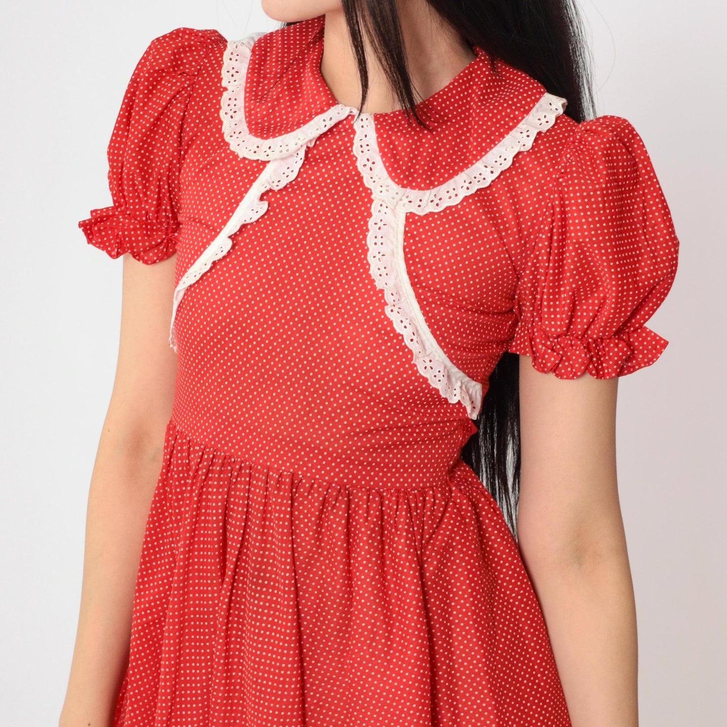 1970s Red Polka Dot Mini Dress Peter Pan Collar Puff Sleeve XXS
