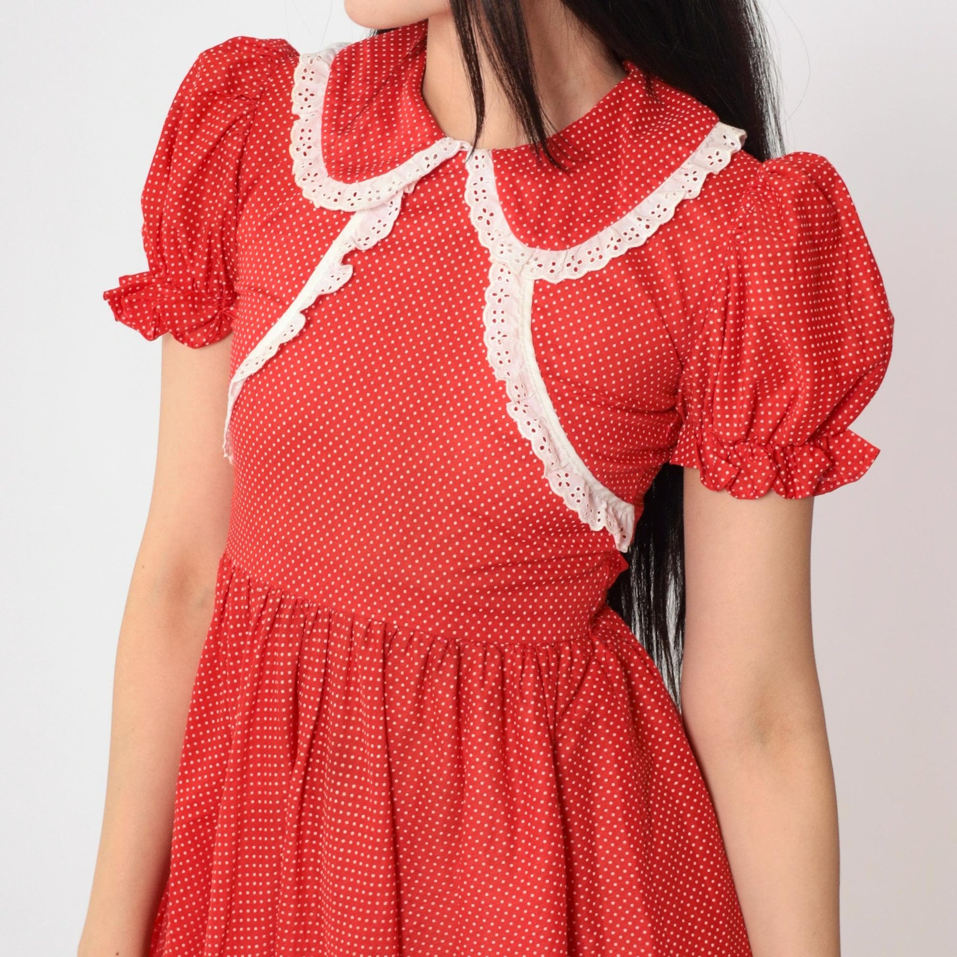 1970s Red Polka Dot Mini Dress Peter Pan Collar Puff Sleeve XXS
