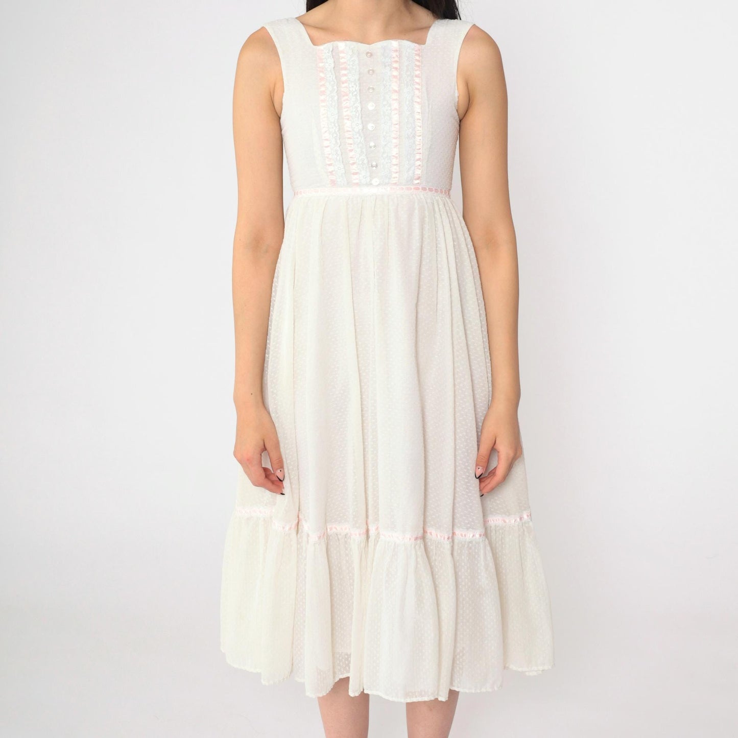 70s White Prairie Midi Dress Empire Waist Tiered Lace Pink Ribbon 2XS