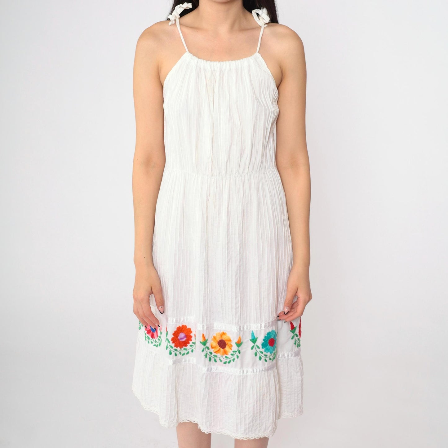 80s Mexican Floral Embroidered White Midi Dress Spaghetti Strap Medium