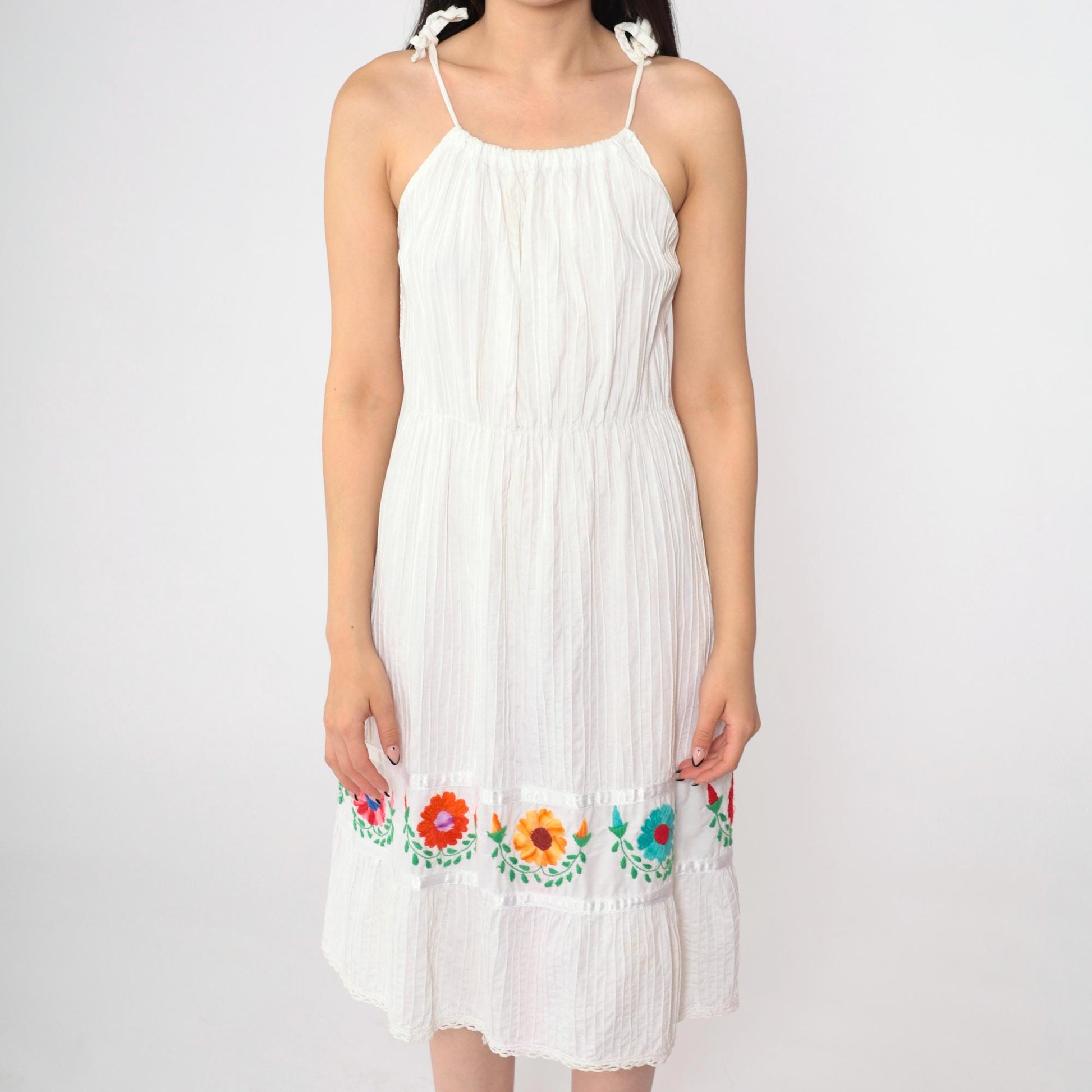 80s Mexican Floral Embroidered White Midi Dress Spaghetti Strap Medium