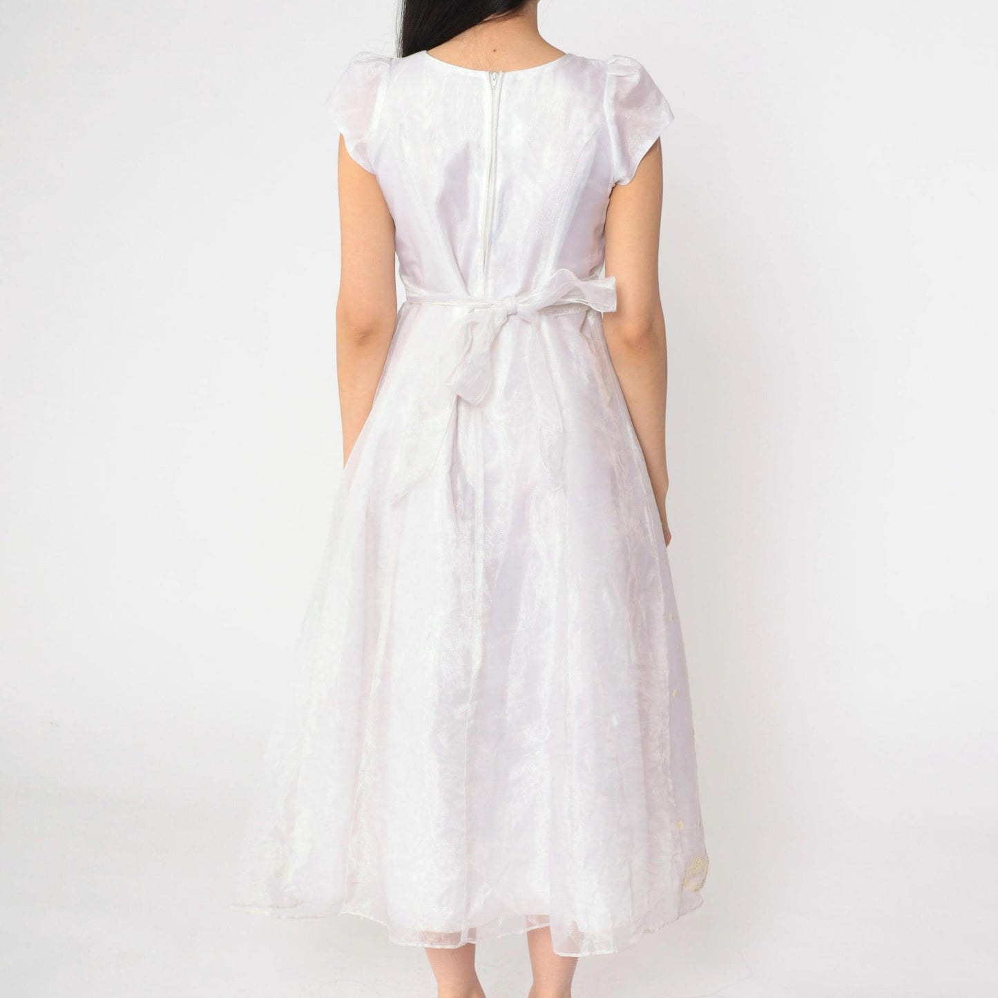 90s White Organza Midi Dress Iridescent Floral Appliqué Puff Sleeve Extra Small