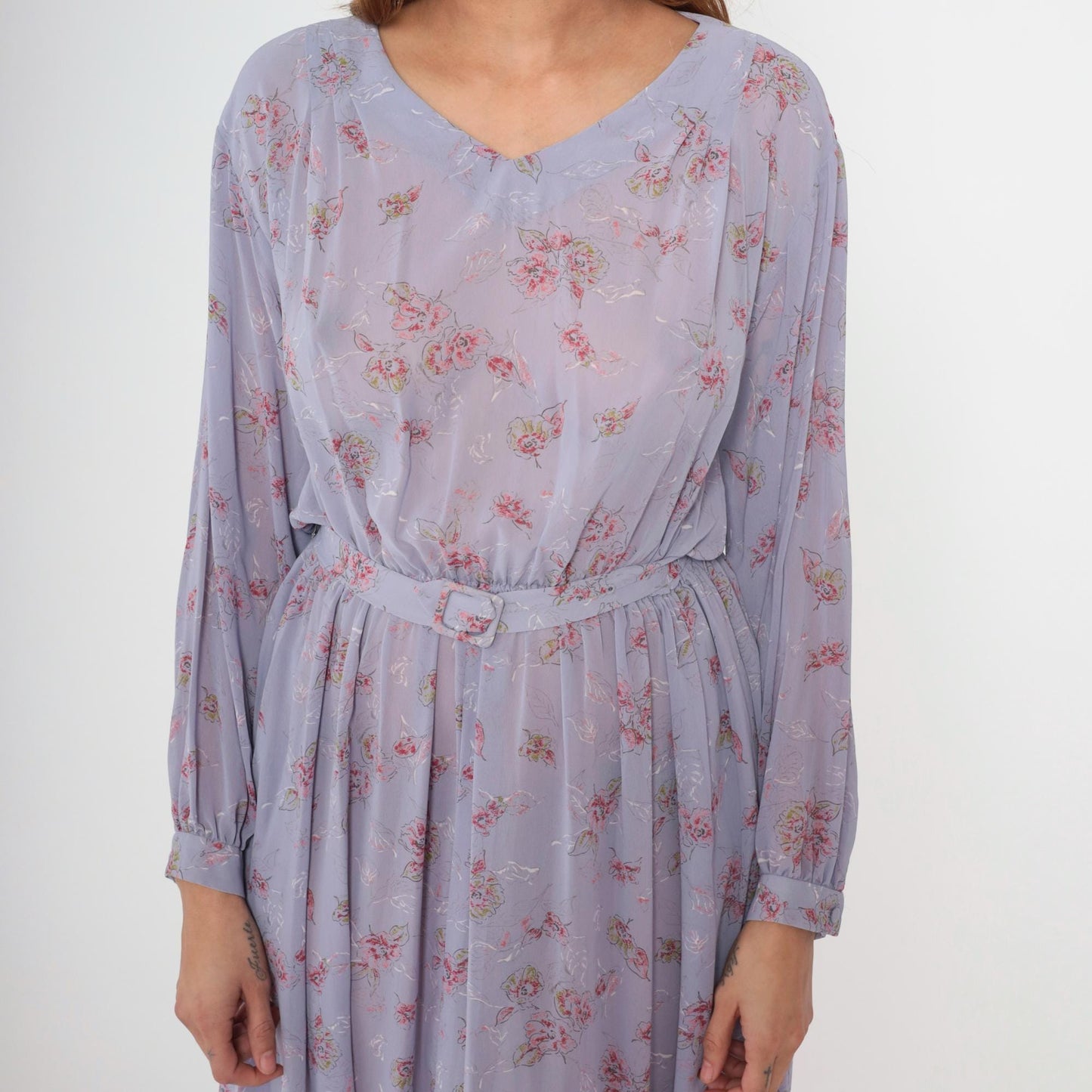80s Lavender Floral Midi Dress High Waist Long Sleeve V-Neck Small Medium