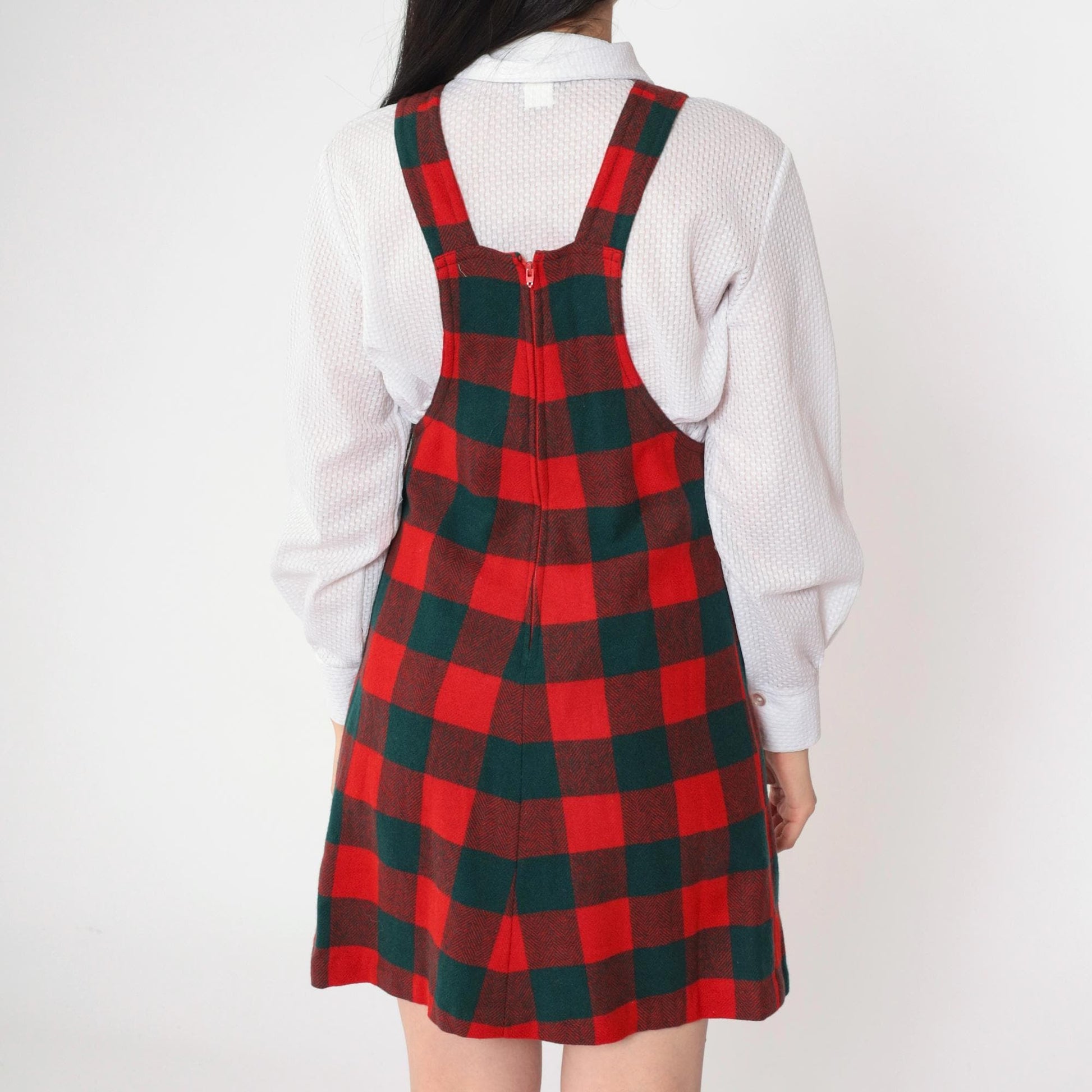 70s Plaid Jumper Dress Red Green Checkered Mini Sleeveless Extra Small