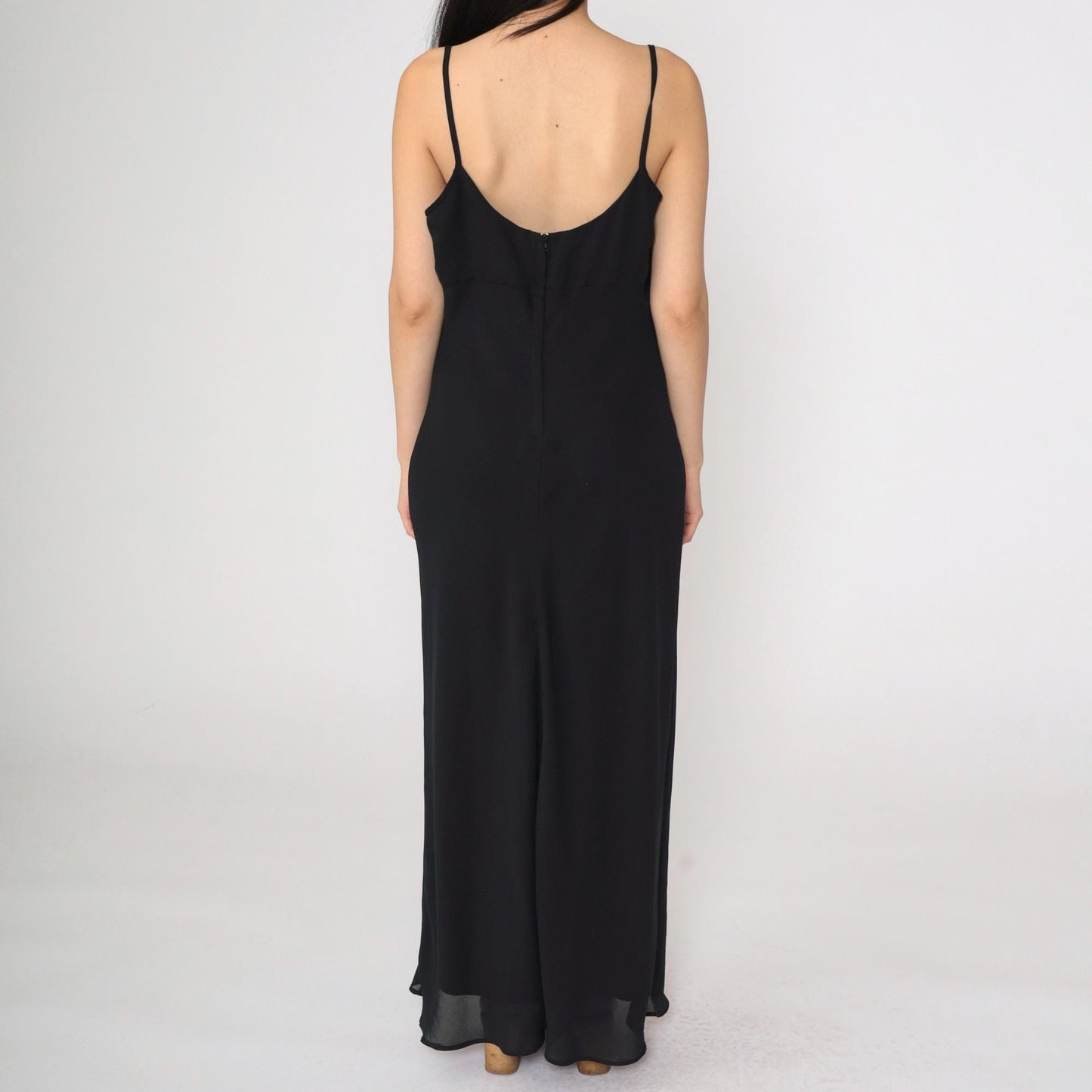 90s Jessica McClintock Gunne Sax Black Maxi Dress Spaghetti Strap Low Back Medium