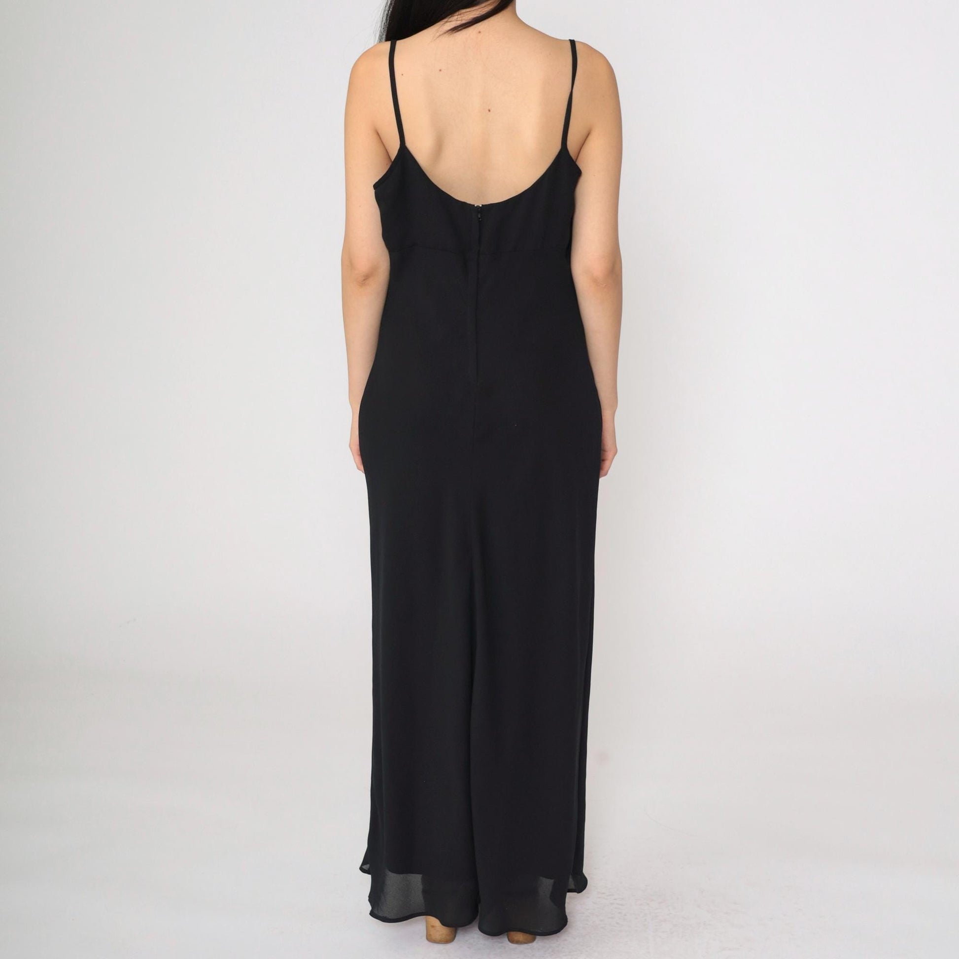 90s Jessica McClintock Gunne Sax Black Maxi Dress Spaghetti Strap Low Back Medium