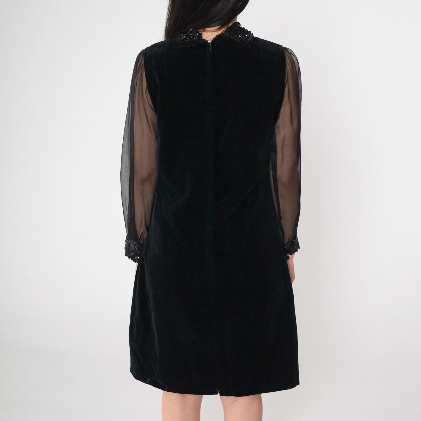 60s Bobbie Brooks Black Velvet Mini Dress Sequin Chiffon Sleeve Small