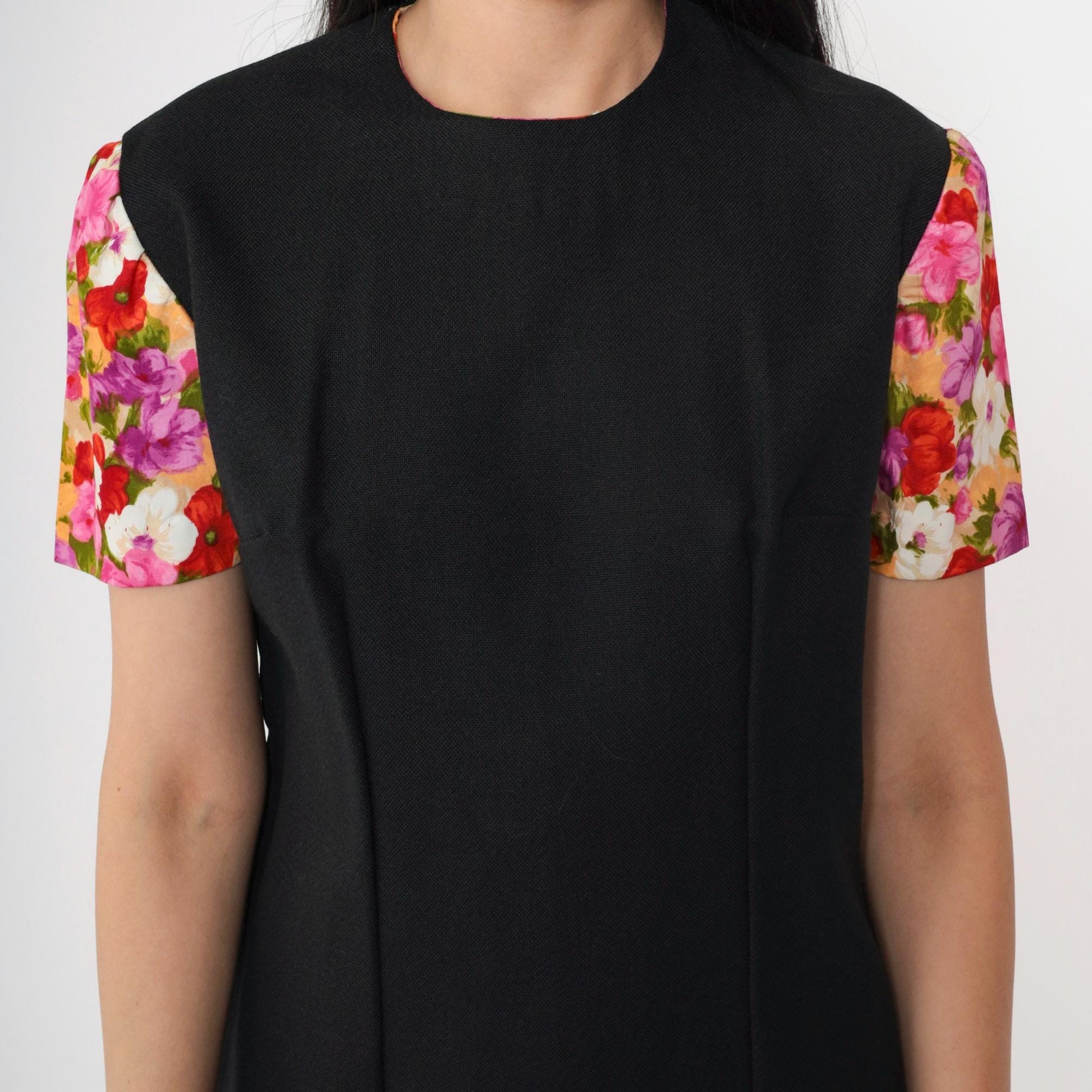 1960s Black Floral Puff Sleeve Mini Dress Eyelet Lace Shift Small S