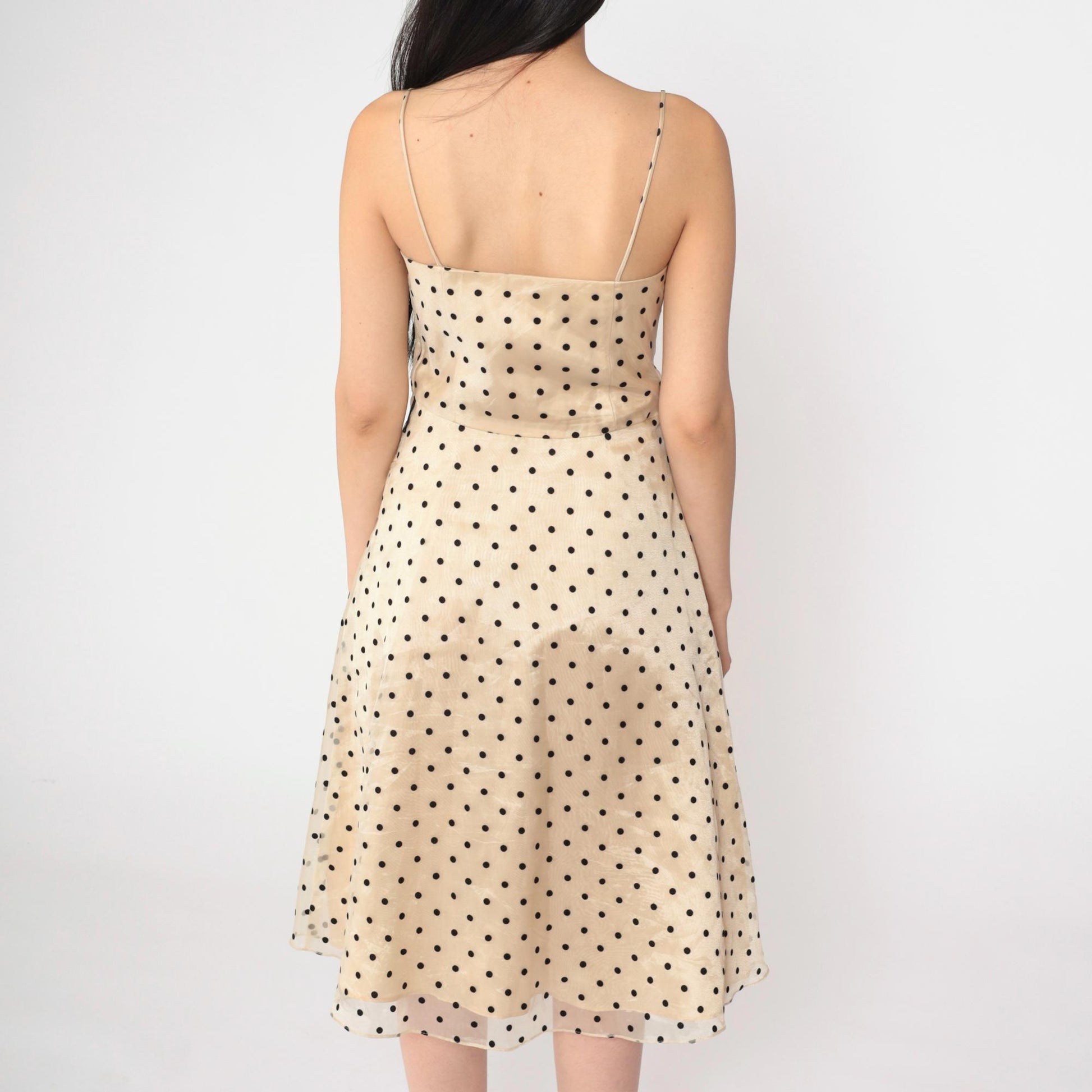 90s Betsy & Adam Beige Organza Midi Dress Black Polka Dot Spaghetti Strap Small 4