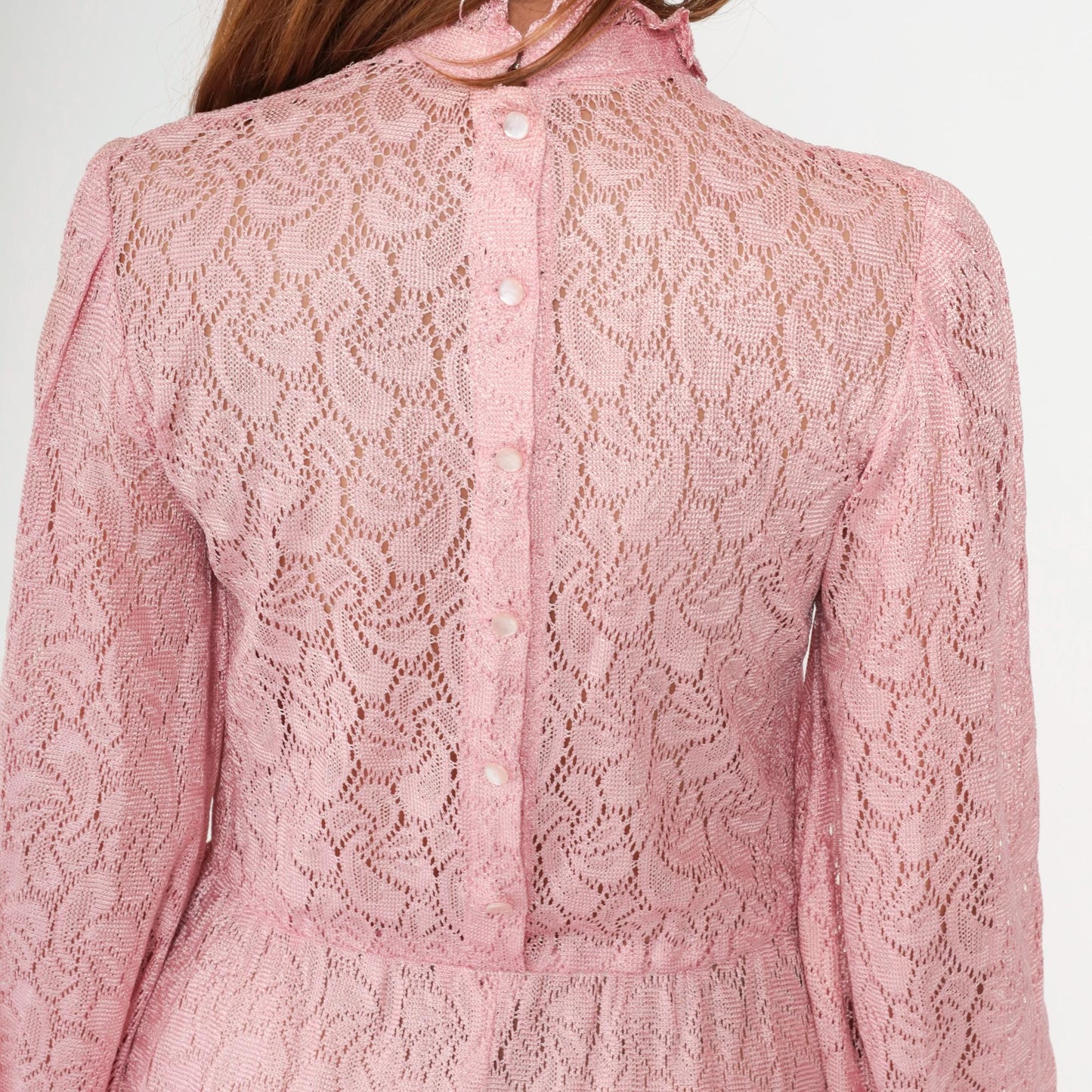 70s Pink Lace Maxi Dress Bishop Sleeve High Waist Button Back Small Medium