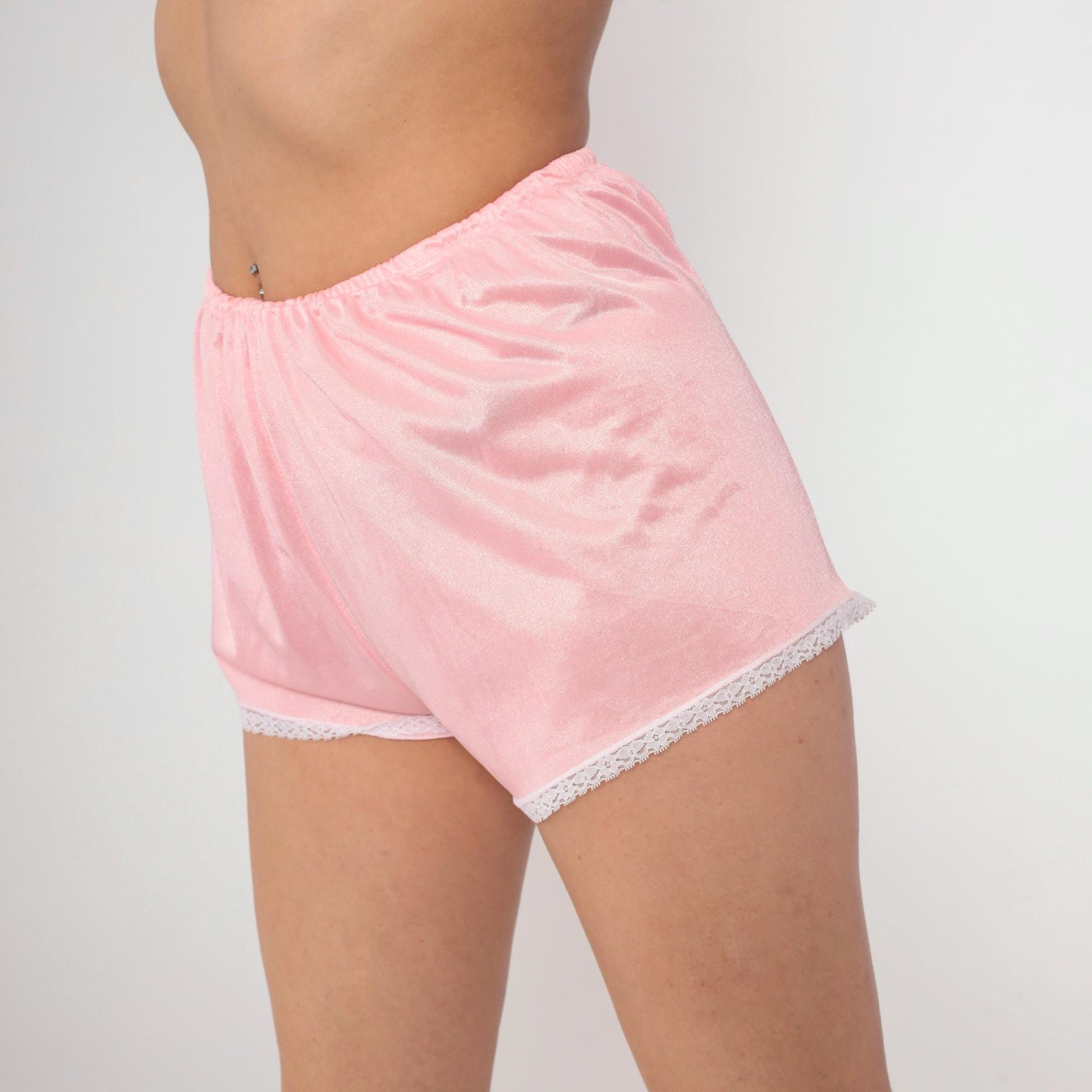 80s Pink Nylon Pajama Shorts Lace Trim Elastic Waist Small S
