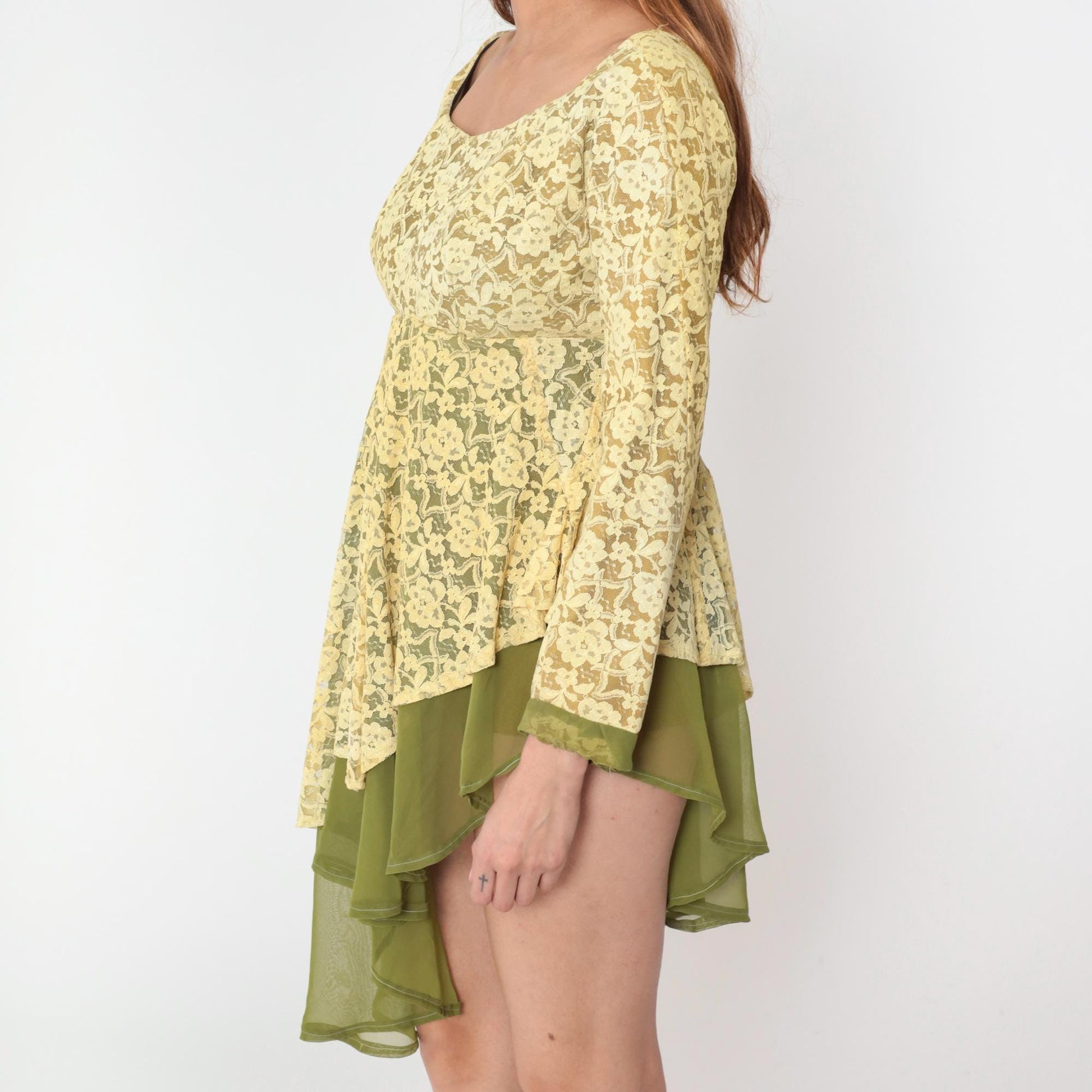 60s Yellow Lace Dress Green Sheer Empire Waist Asymmetrical Hem Small Medium