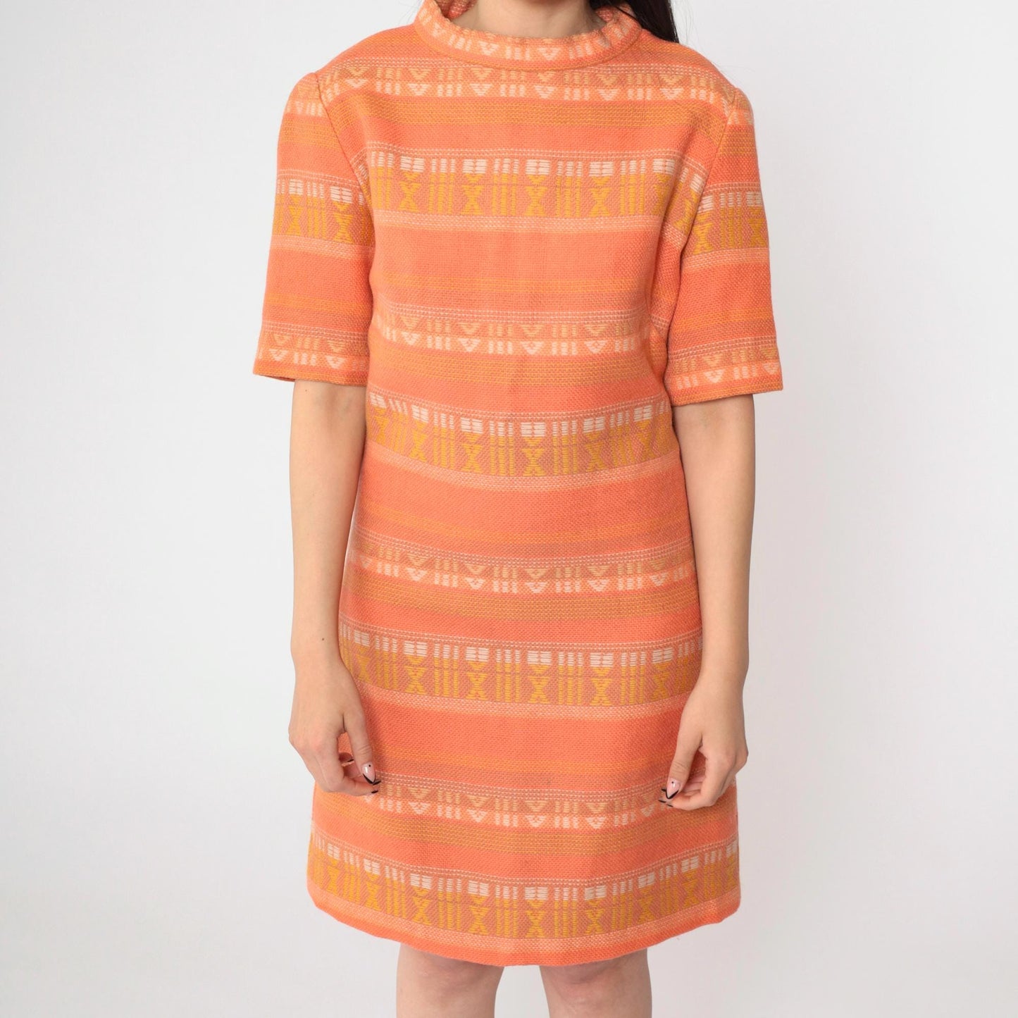 60s Mod Mini Dress Orange Geometric Woven Shift High Neck Short Sleeve Small
