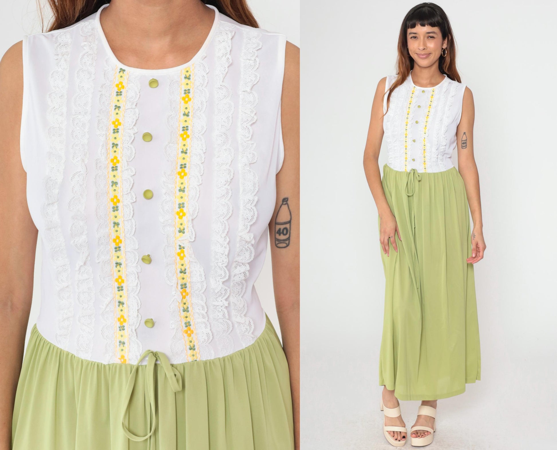 70s Gilead Two-Piece Maxi Nightgown Robe Set White Green Nylon Medium