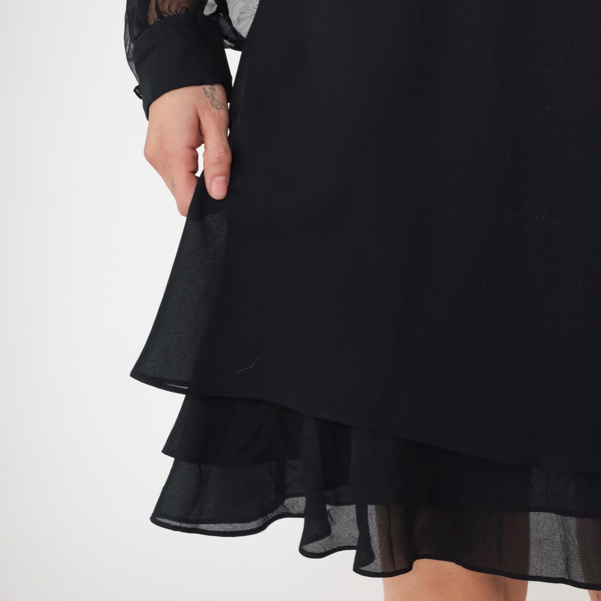 90s Black Chiffon Mini Dress Bishop Sleeve Shift Layered Ruffle Hem Large