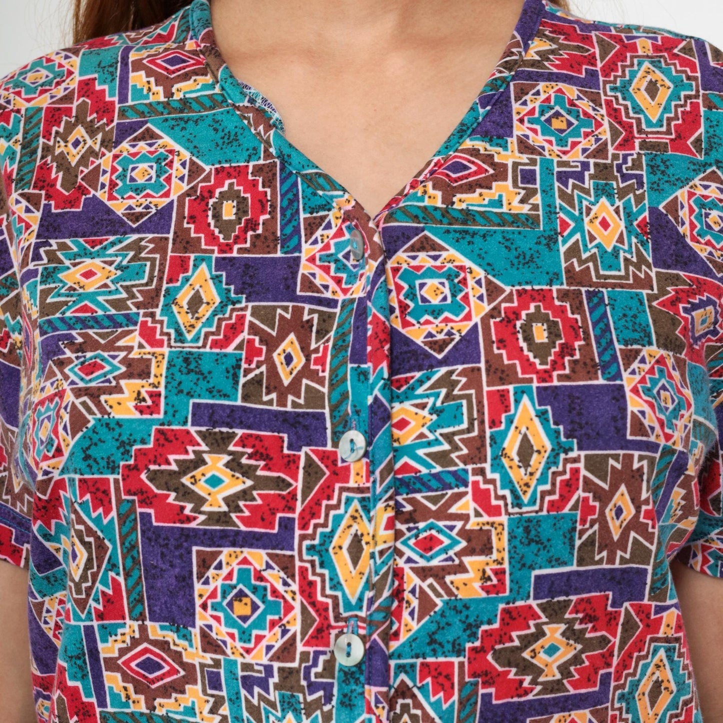 90s Southwestern Geometric Button-Up Blouse Cotton Short Sleeve Medium M