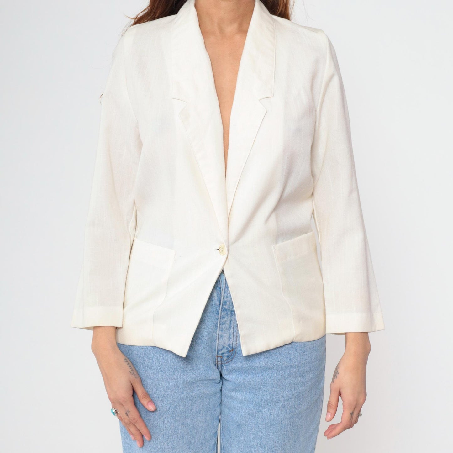 80s White Single Button Blazer Deep V Neck Structured Jacket Petite XS