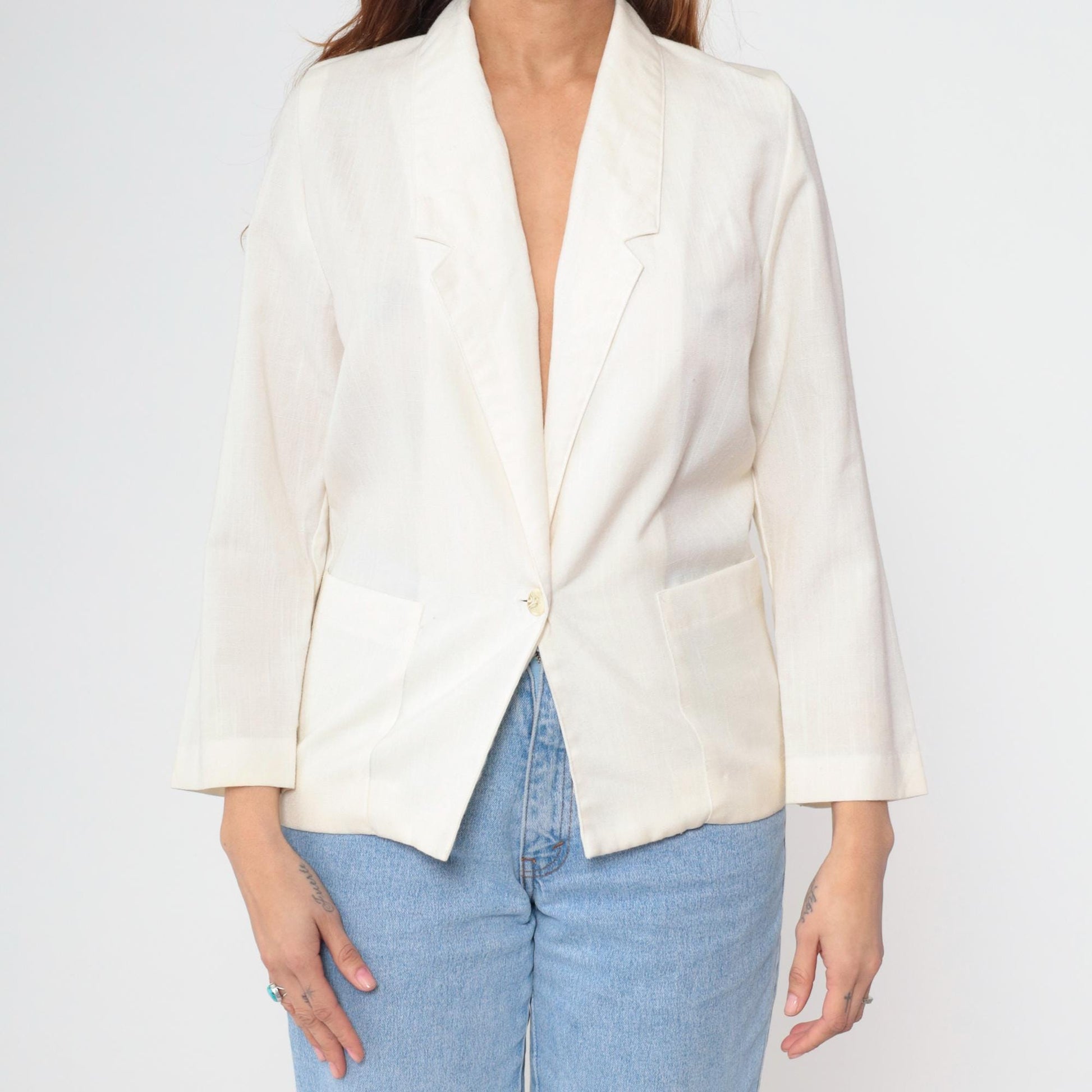 80s White Single Button Blazer Deep V Neck Structured Jacket Petite XS