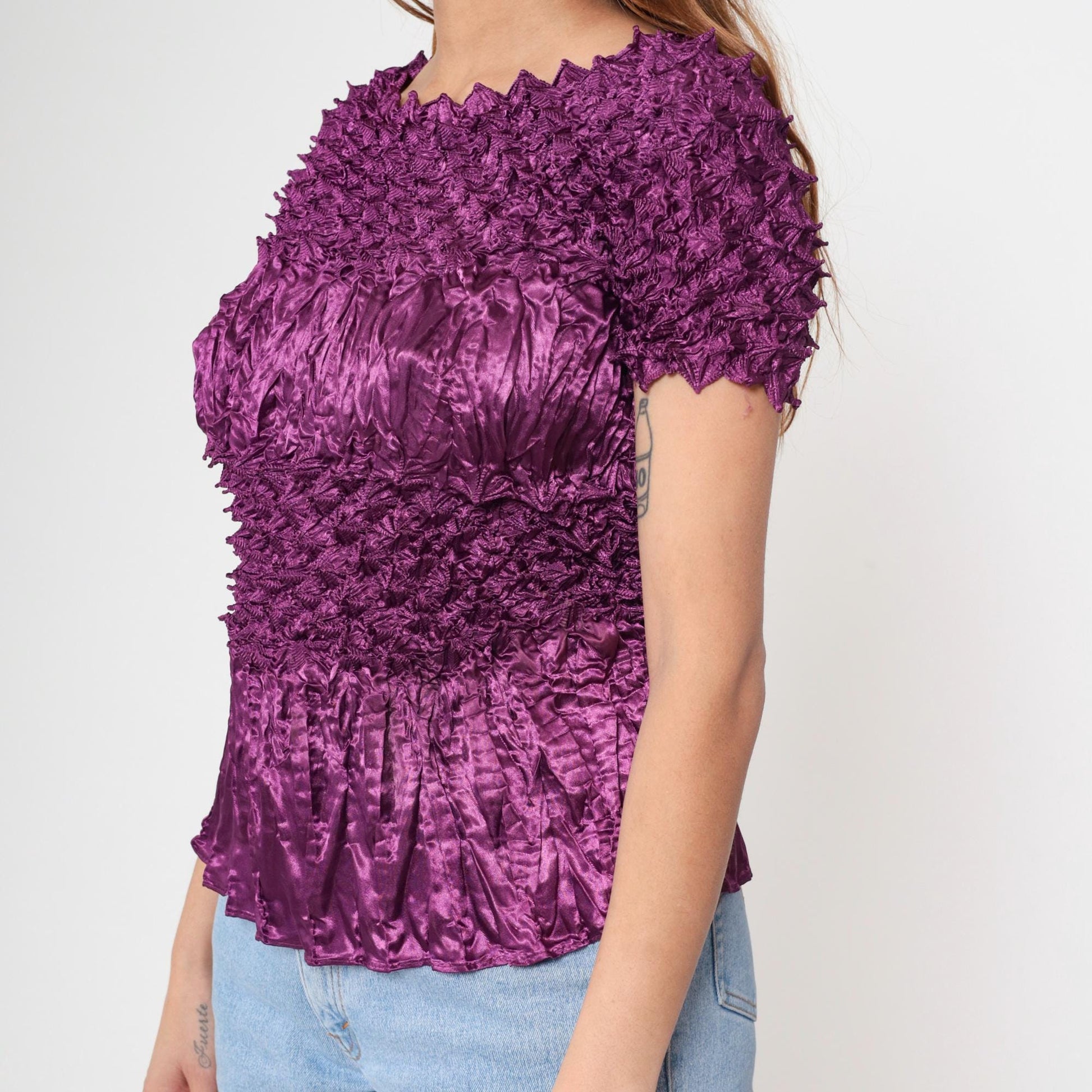 Y2K Purple Popcorn Textured Short Sleeve Top Small