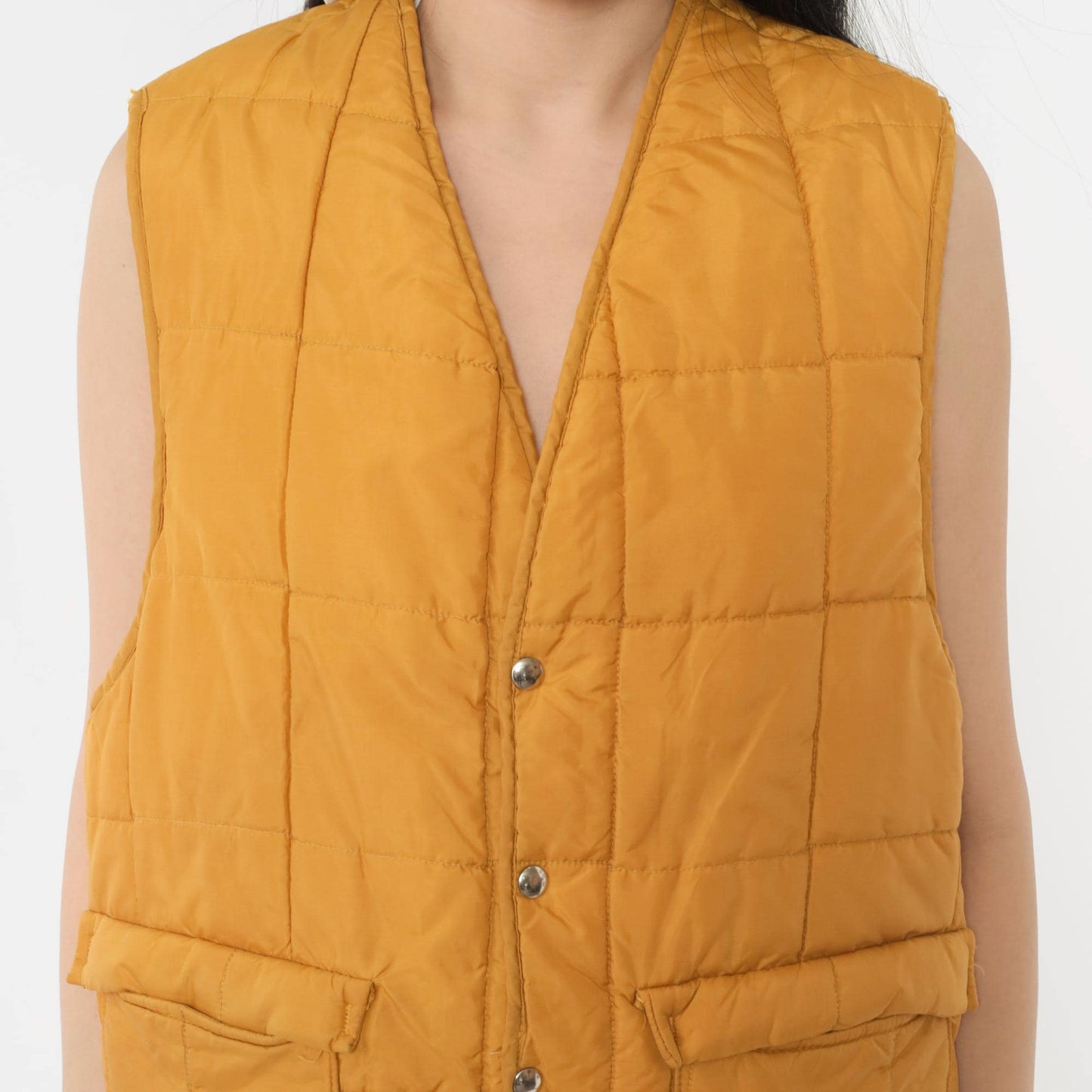 70s Western Trails Mustard Puffer Vest Quilted Faux Sherpa Lined Snap Medium