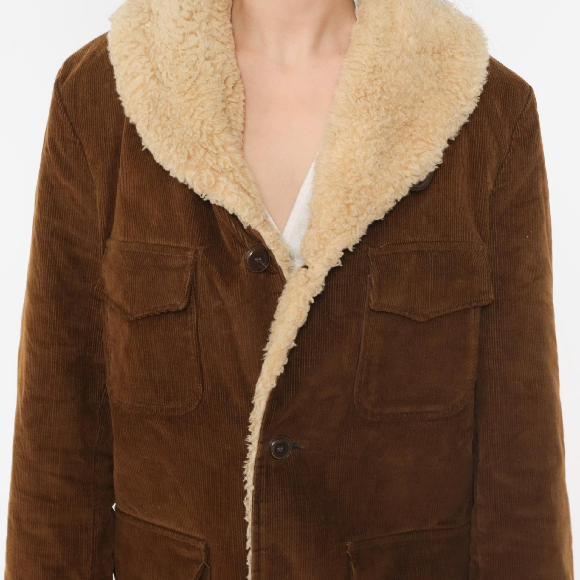 70s Brown Corduroy Sherpa Jacket Men's Collared Button-Up Medium