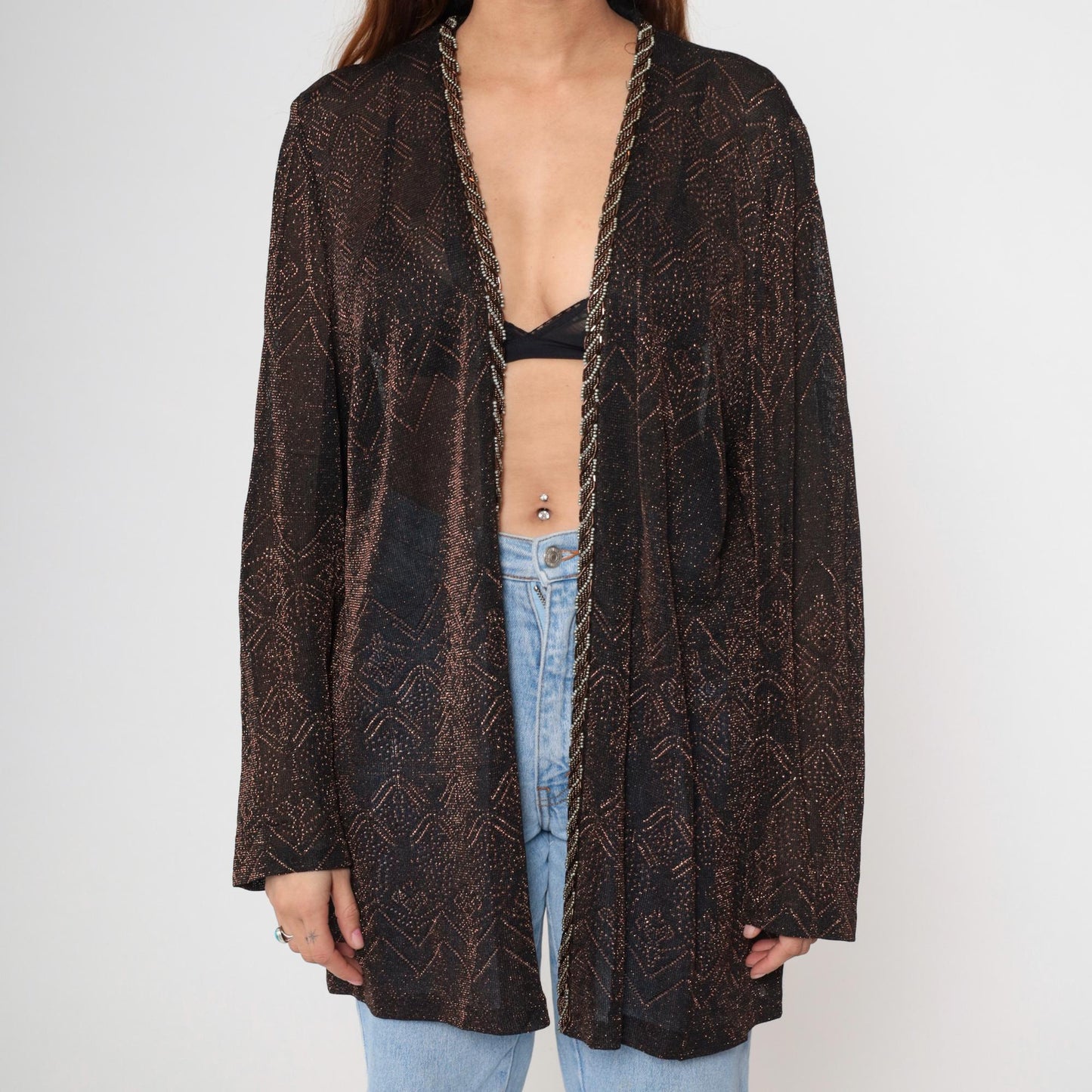 90s Alex Evenings Metallic Bronze Geometric Open Front Jacket Plus Size 20W