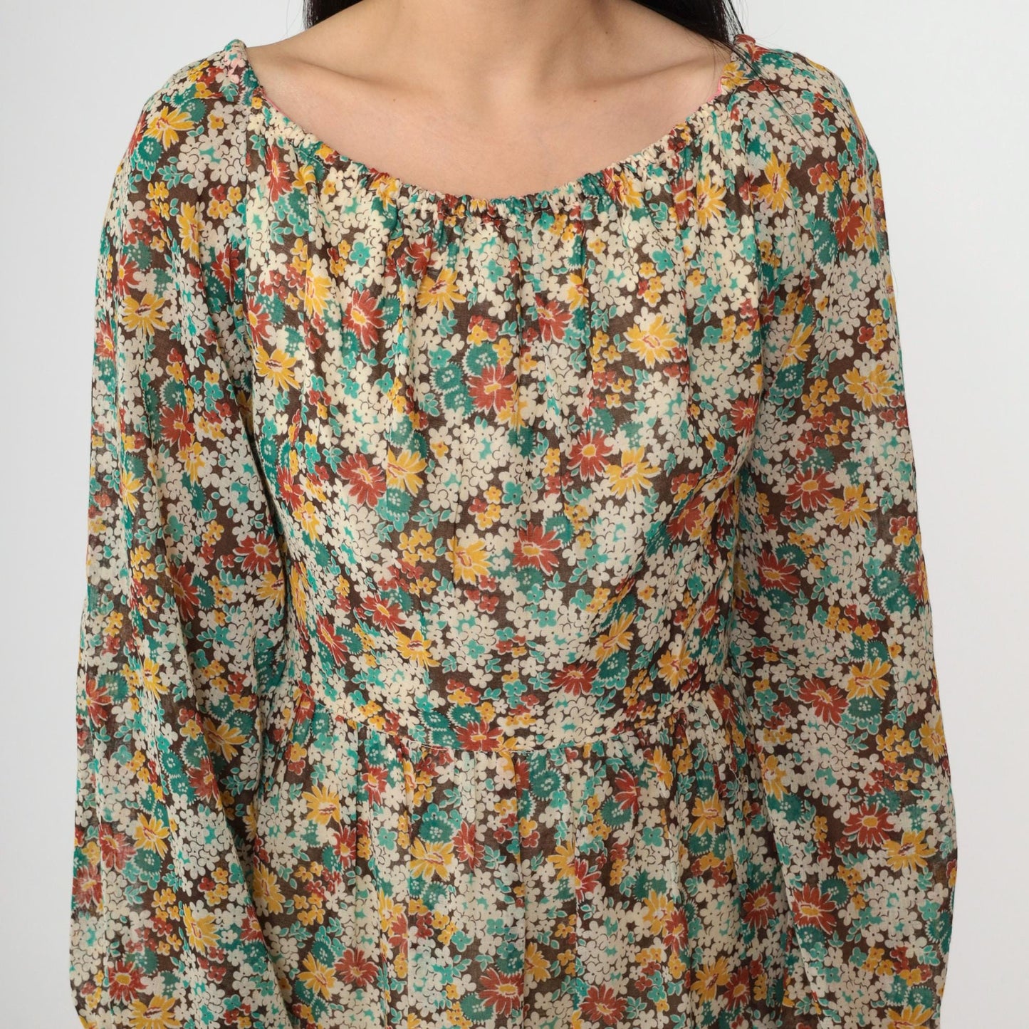 70s Floral Peasant Dress Off-Shoulder Tiered Mini Long Sleeve Small