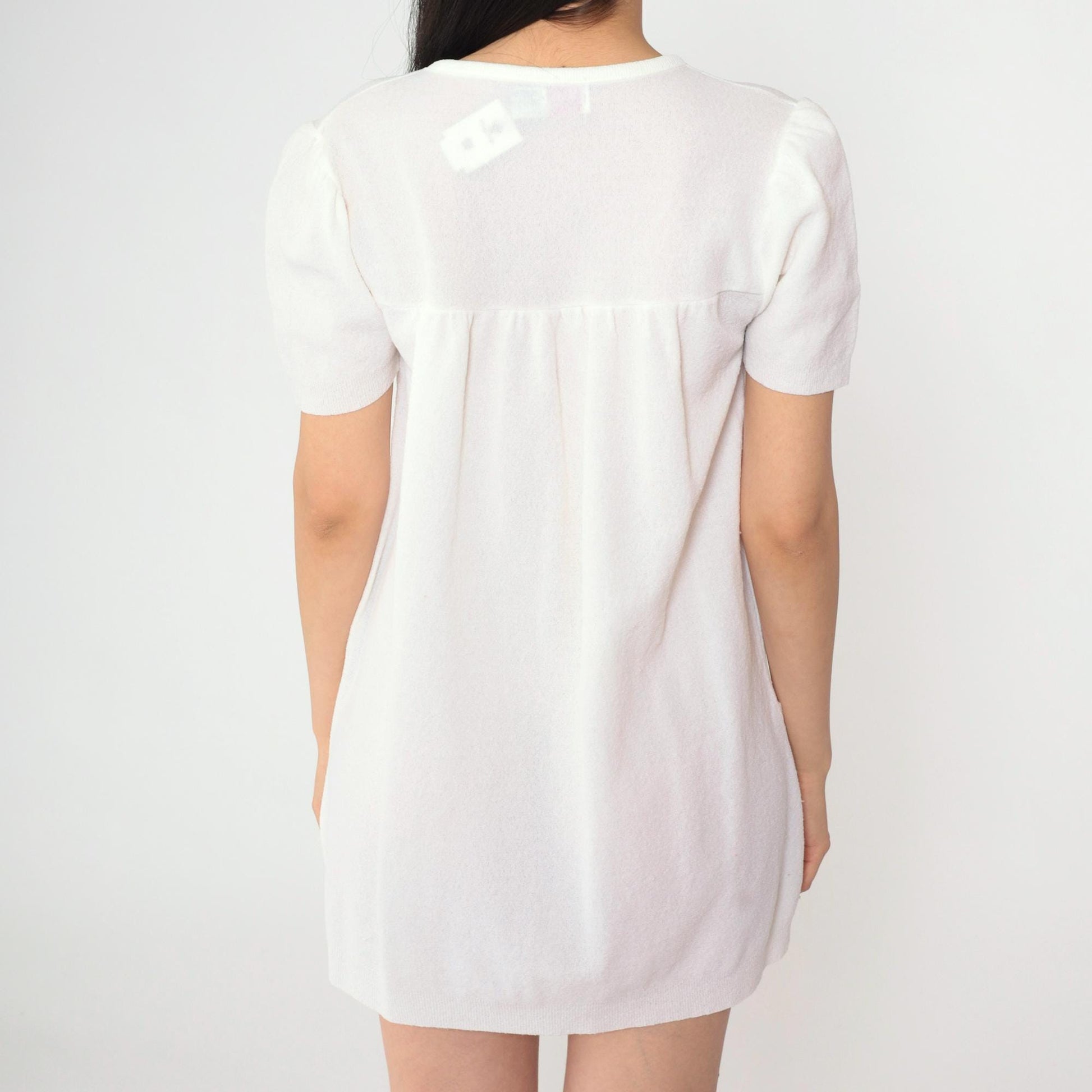 60s White Mod Puff Sleeve Mini Dress Shift A-Line Patch Pocket Small