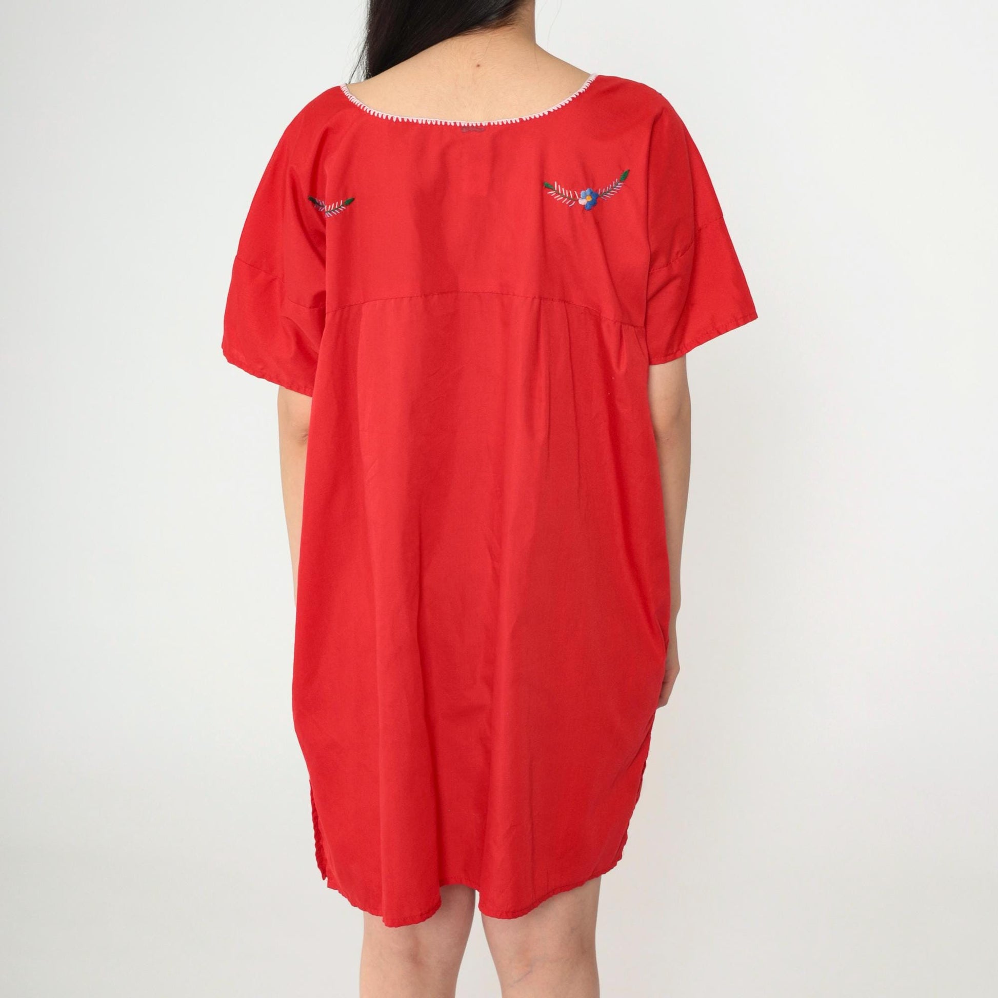 Mexican Embroidered Mini Dress Red Floral Tunic Short Sleeve XXL